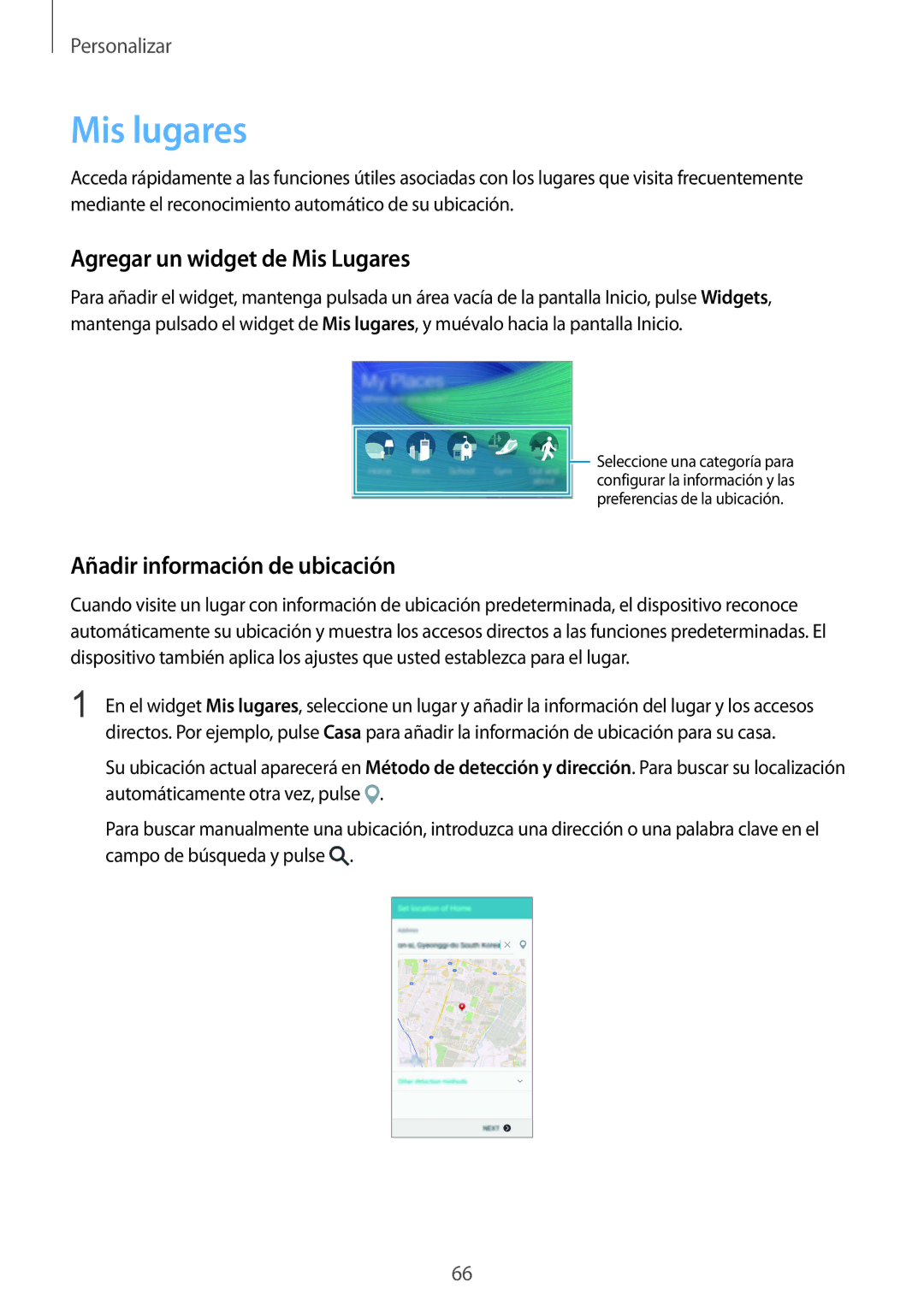 Samsung SM-N910FZIEPHE manual Mis lugares, Agregar un widget de Mis Lugares, Añadir información de ubicación 