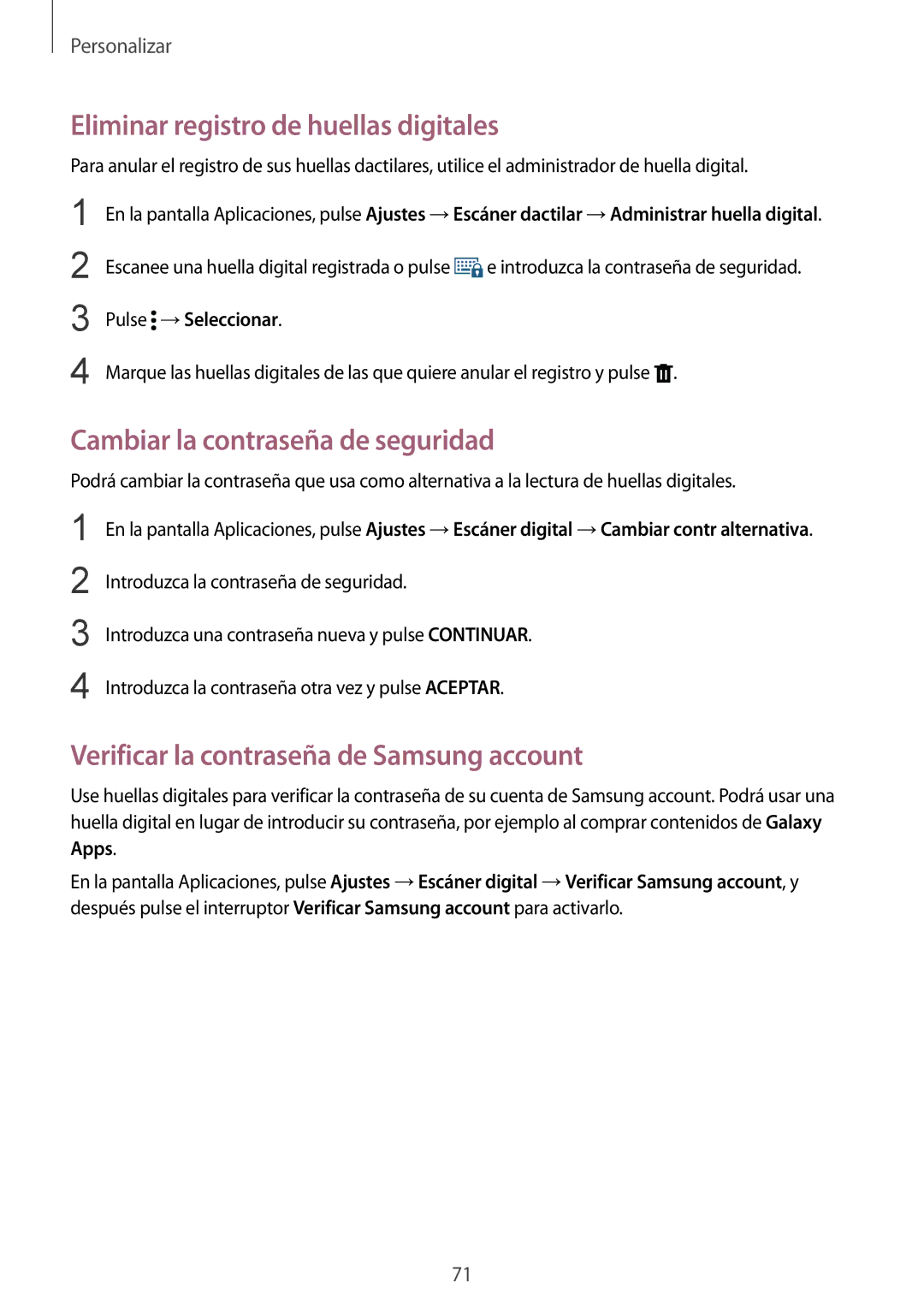 Samsung SM-N910FZIEPHE Eliminar registro de huellas digitales, Cambiar la contraseña de seguridad, Pulse →Seleccionar 