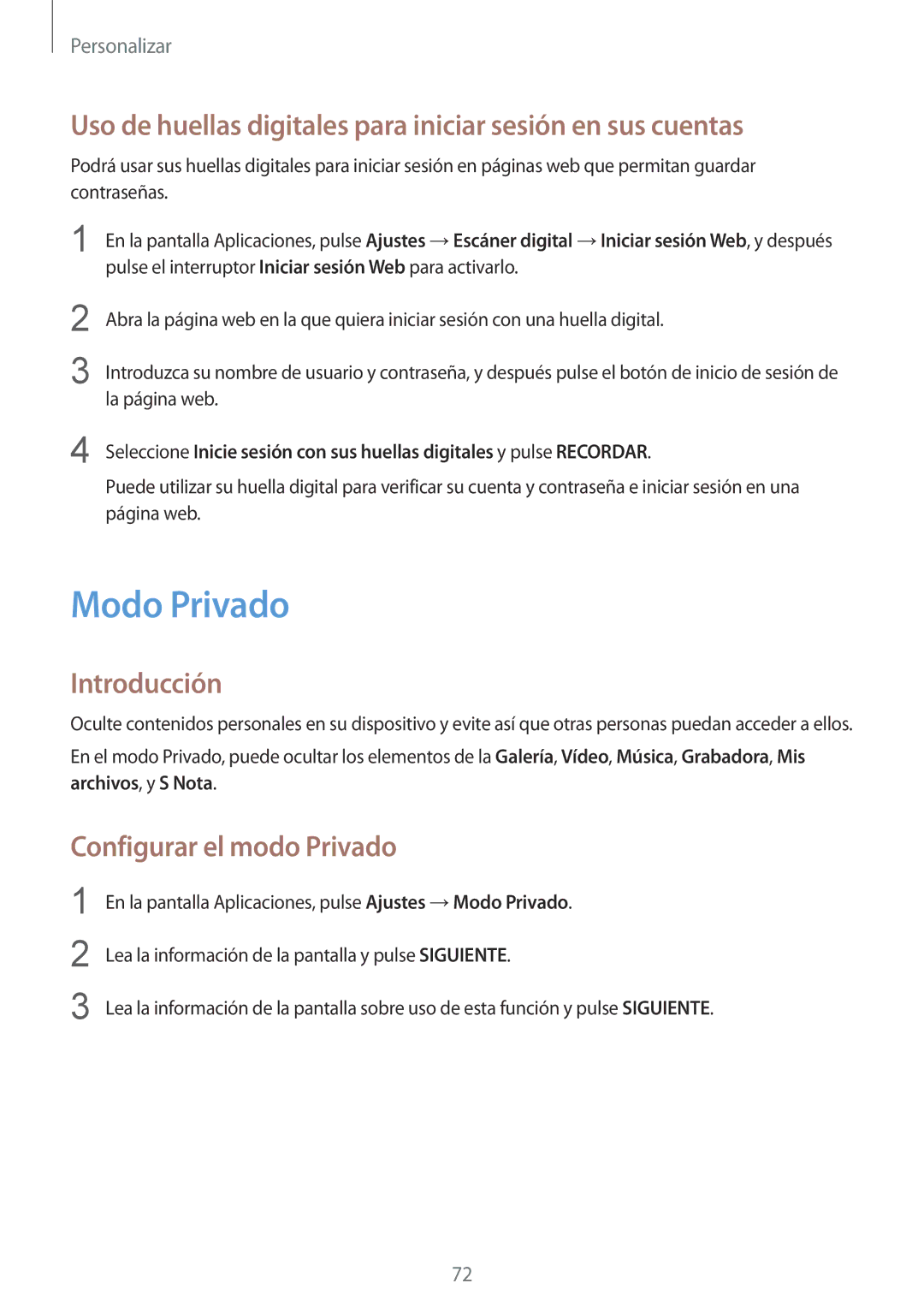 Samsung SM-N910FZIEPHE manual Modo Privado, Uso de huellas digitales para iniciar sesión en sus cuentas 