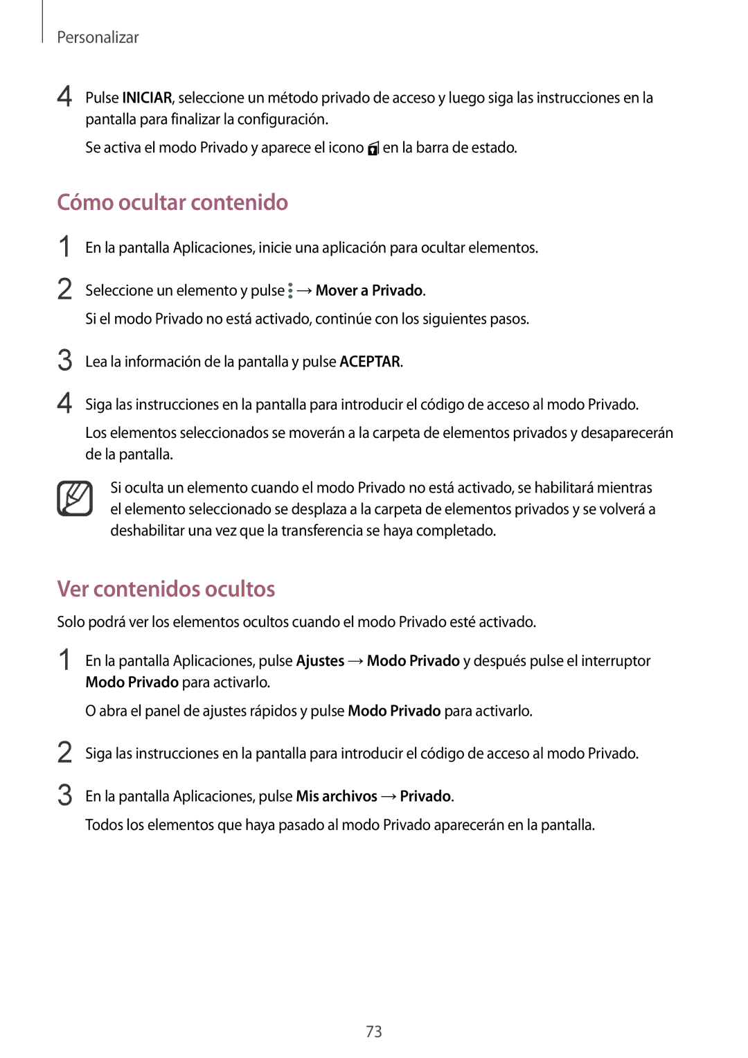 Samsung SM-N910FZIEPHE manual Cómo ocultar contenido, Ver contenidos ocultos 