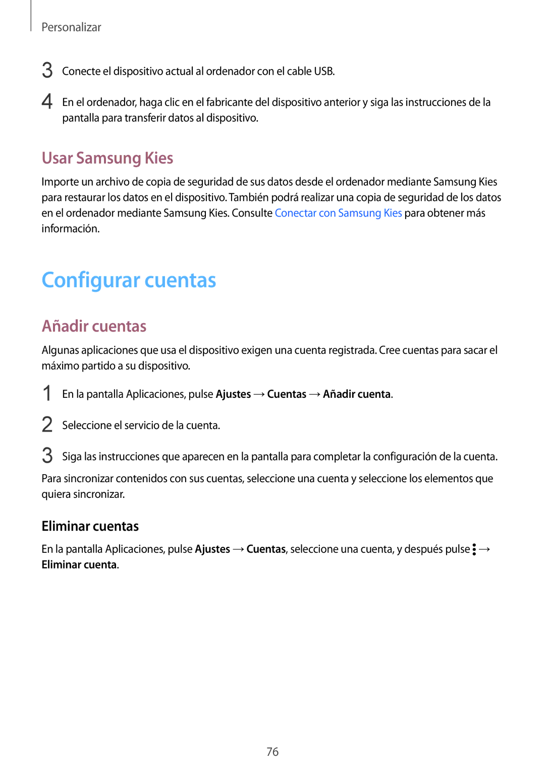 Samsung SM-N910FZIEPHE manual Configurar cuentas, Usar Samsung Kies, Añadir cuentas, Eliminar cuentas 