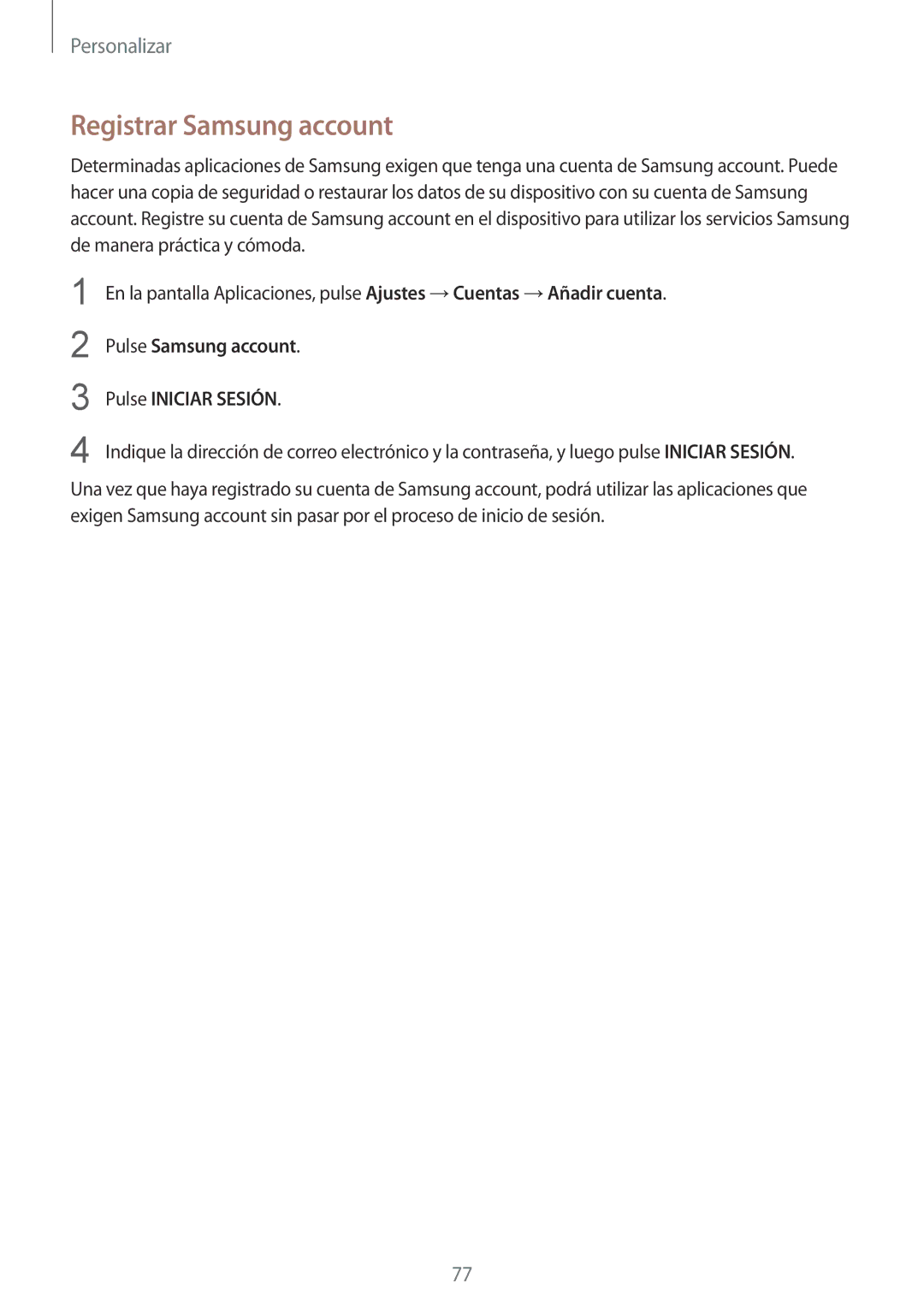 Samsung SM-N910FZIEPHE manual Registrar Samsung account, Pulse Samsung account Pulse Iniciar Sesión 