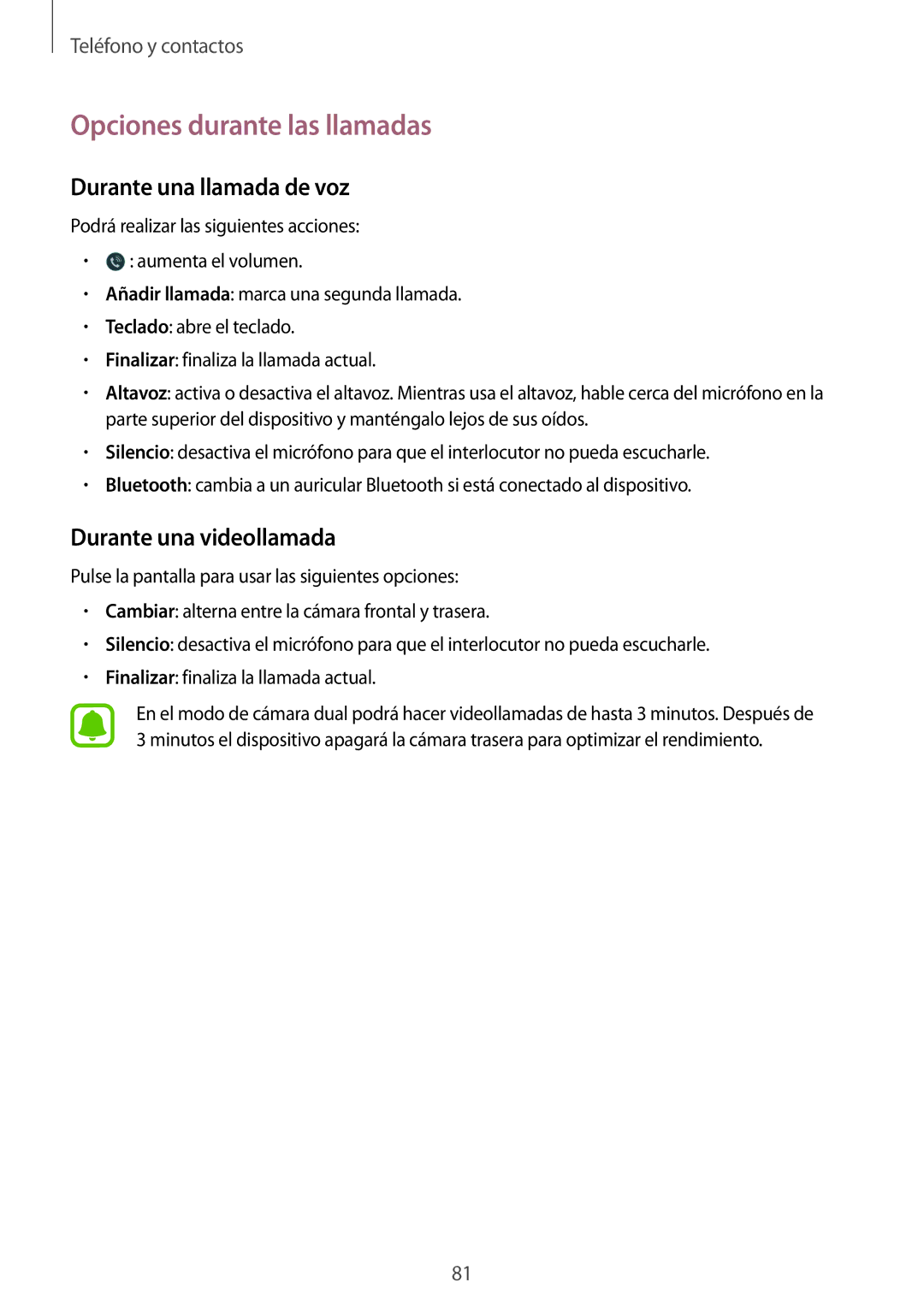 Samsung SM-N910FZIEPHE manual Opciones durante las llamadas, Durante una llamada de voz, Durante una videollamada 