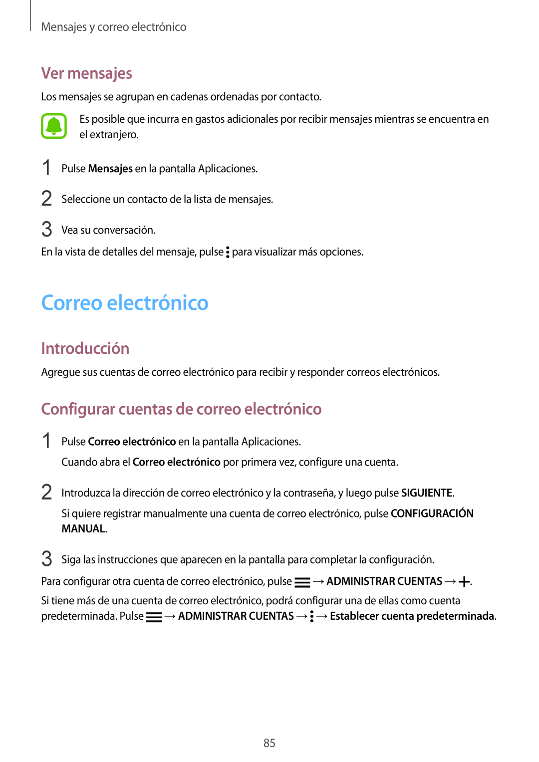 Samsung SM-N910FZIEPHE manual Correo electrónico, Ver mensajes, Configurar cuentas de correo electrónico 