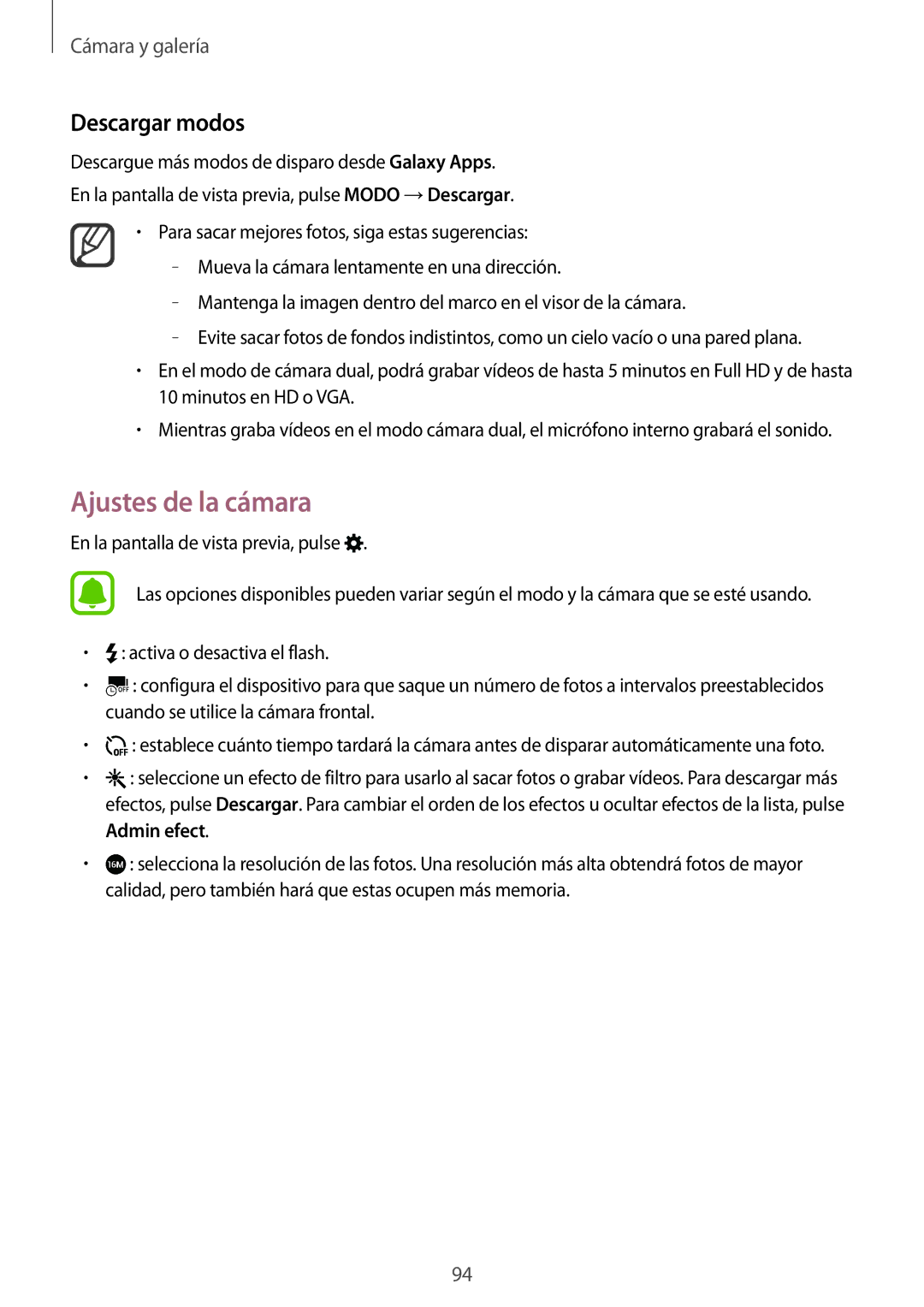 Samsung SM-N910FZIEPHE manual Ajustes de la cámara, Descargar modos 