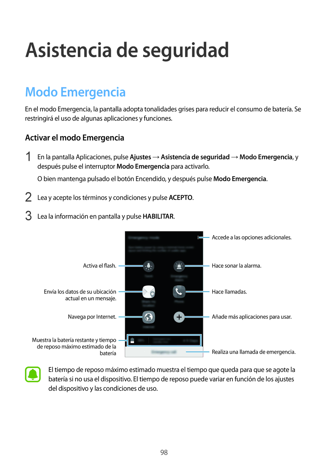 Samsung SM-N910FZIEPHE manual Asistencia de seguridad, Modo Emergencia, Activar el modo Emergencia 