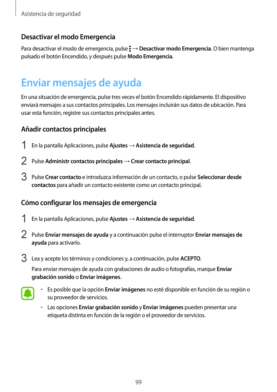 Samsung SM-N910FZIEPHE manual Enviar mensajes de ayuda, Desactivar el modo Emergencia, Añadir contactos principales 