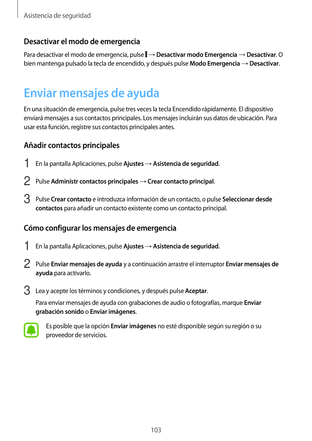 Samsung SM-N910FZIEPHE manual Enviar mensajes de ayuda, Desactivar el modo de emergencia, Añadir contactos principales 