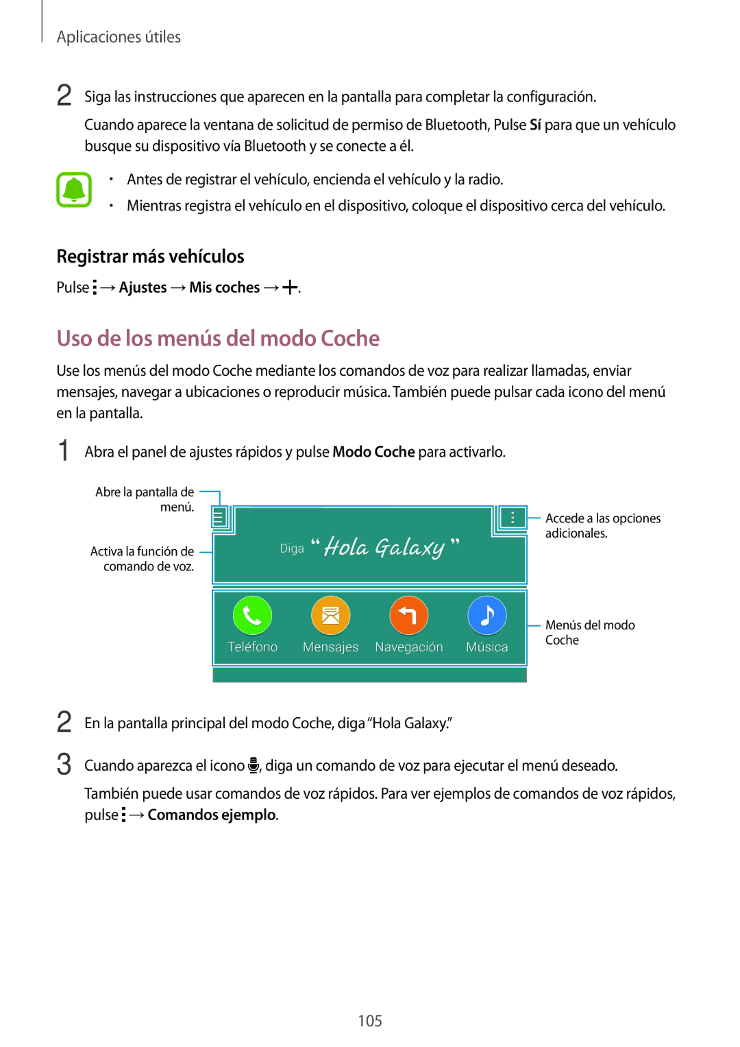 Samsung SM-N910FZIEPHE manual Uso de los menús del modo Coche, Registrar más vehículos, Pulse →Ajustes →Mis coches → 