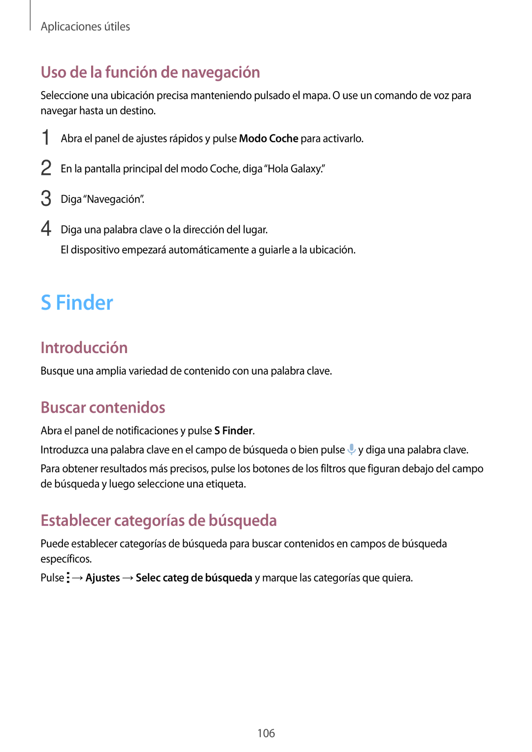Samsung SM-N910FZIEPHE manual Finder, Uso de la función de navegación, Buscar contenidos, Establecer categorías de búsqueda 