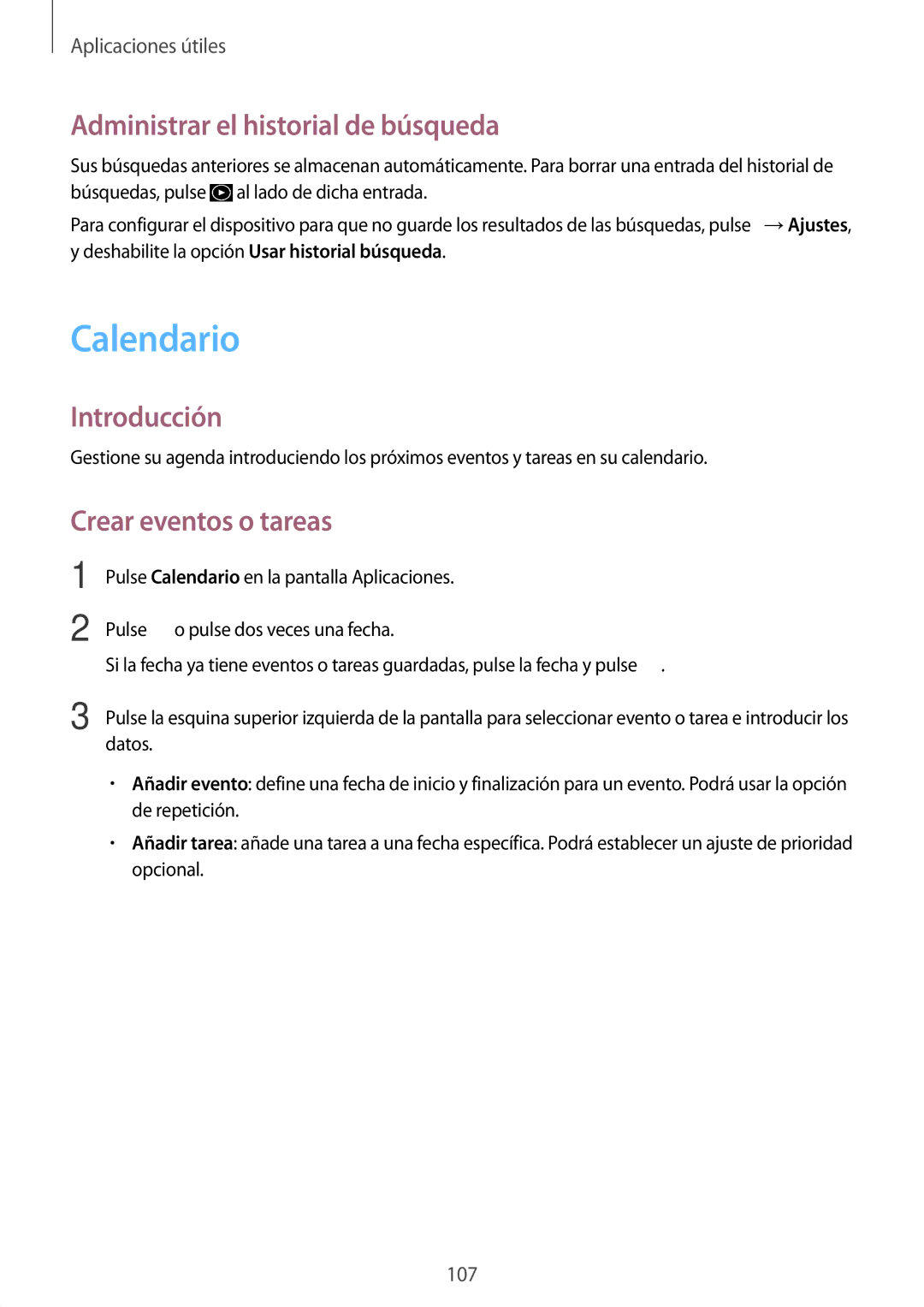 Samsung SM-N910FZIEPHE manual Calendario, Administrar el historial de búsqueda, Crear eventos o tareas 