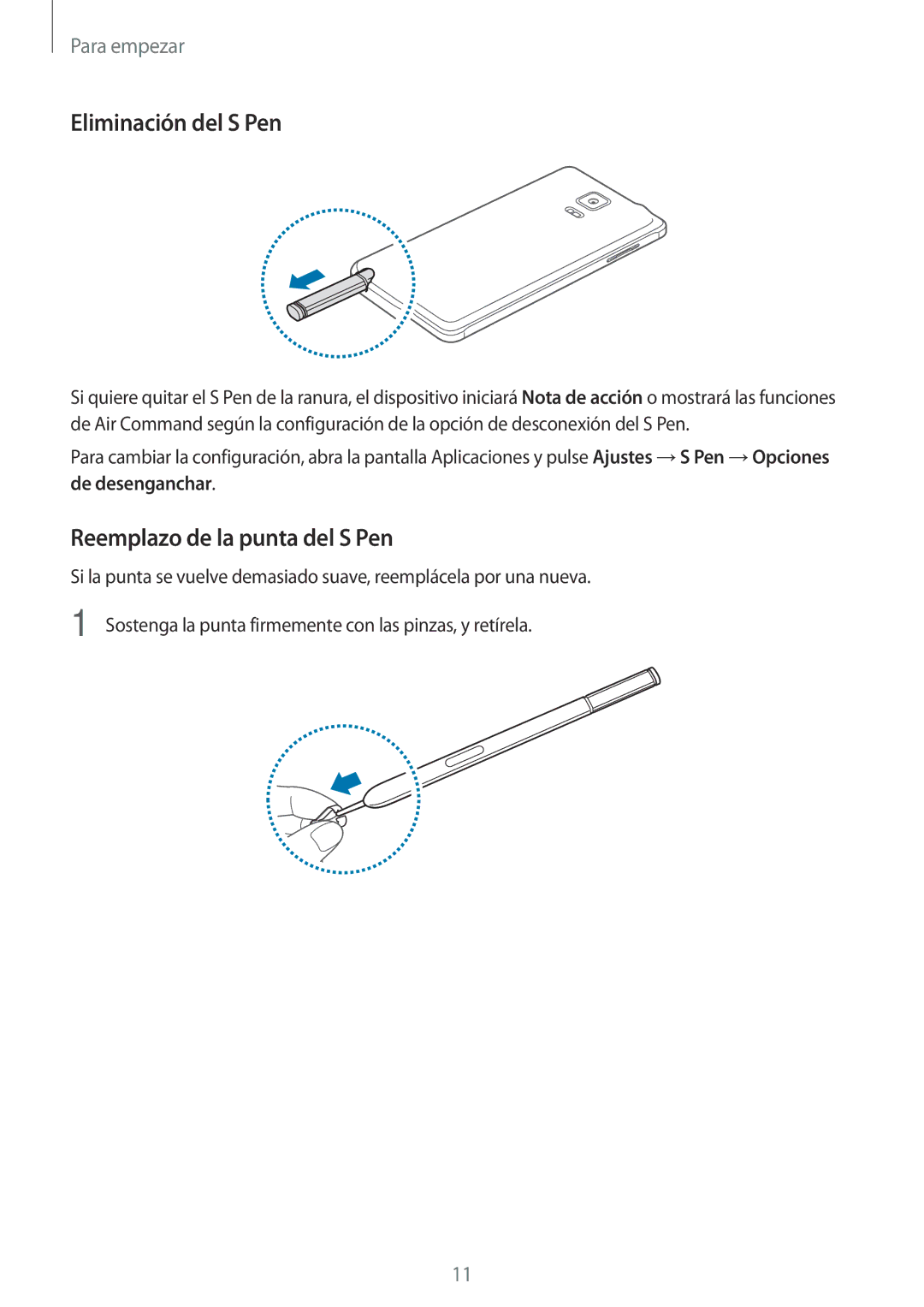 Samsung SM-N910FZIEPHE manual Eliminación del S Pen, Reemplazo de la punta del S Pen 