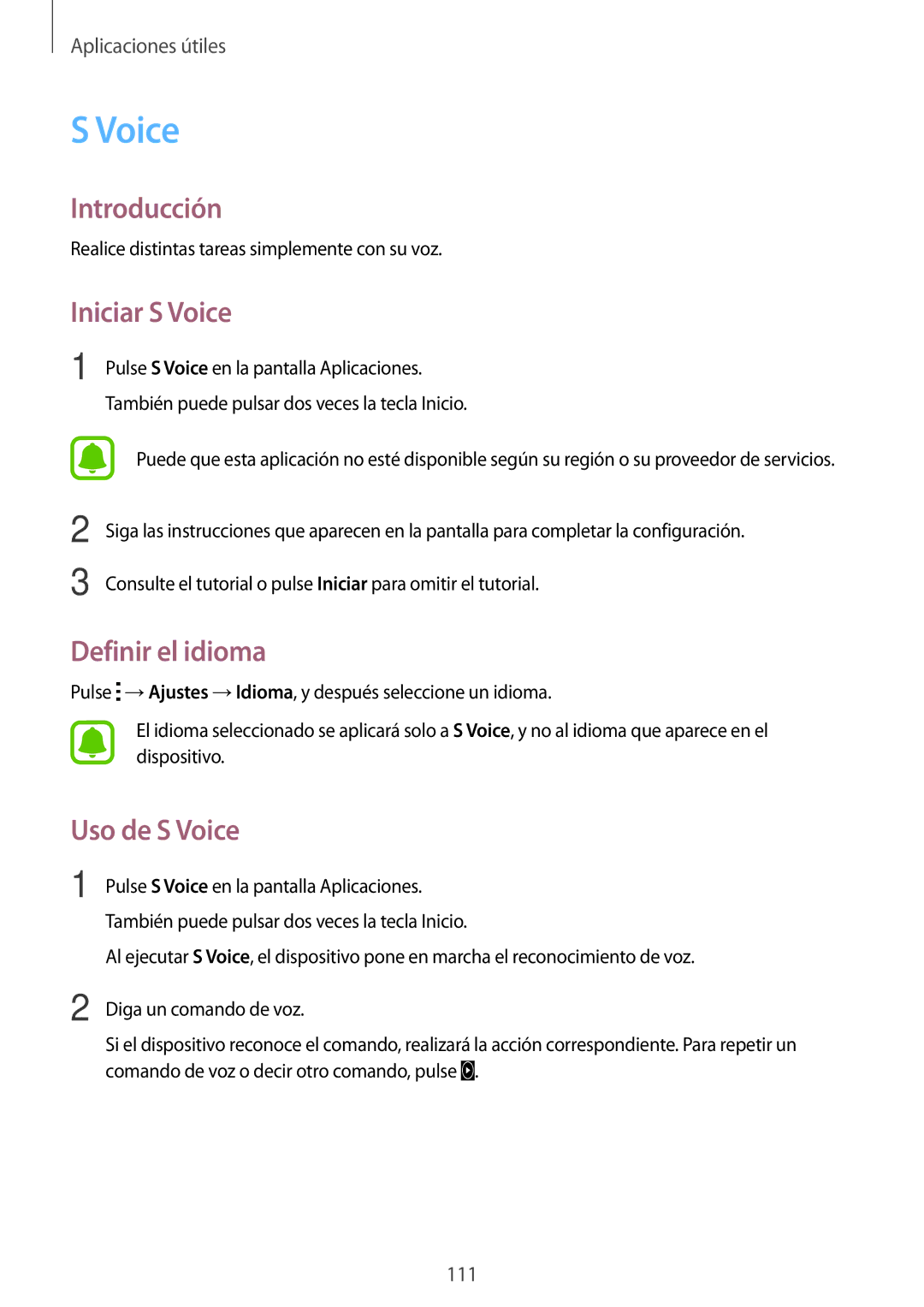 Samsung SM-N910FZIEPHE manual Iniciar S Voice, Definir el idioma, Uso de S Voice 