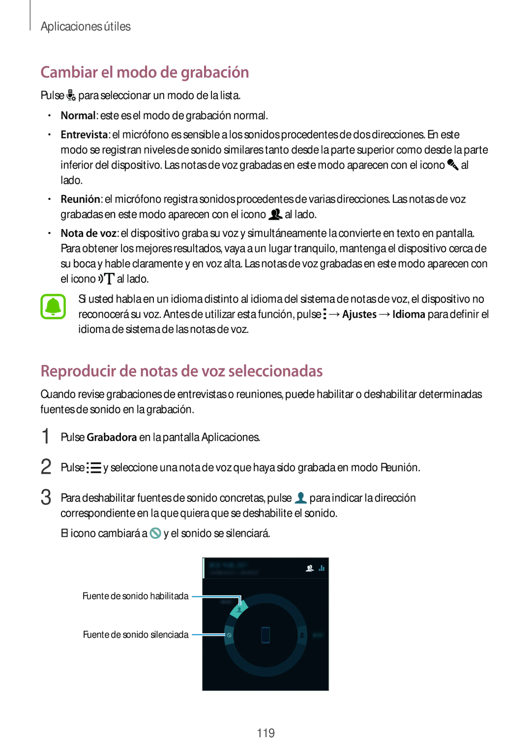 Samsung SM-N910FZIEPHE manual Cambiar el modo de grabación, Reproducir de notas de voz seleccionadas 