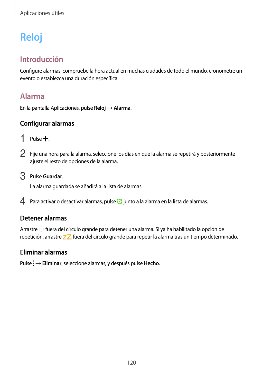 Samsung SM-N910FZIEPHE manual Reloj, Alarma, Configurar alarmas, Detener alarmas, Eliminar alarmas 