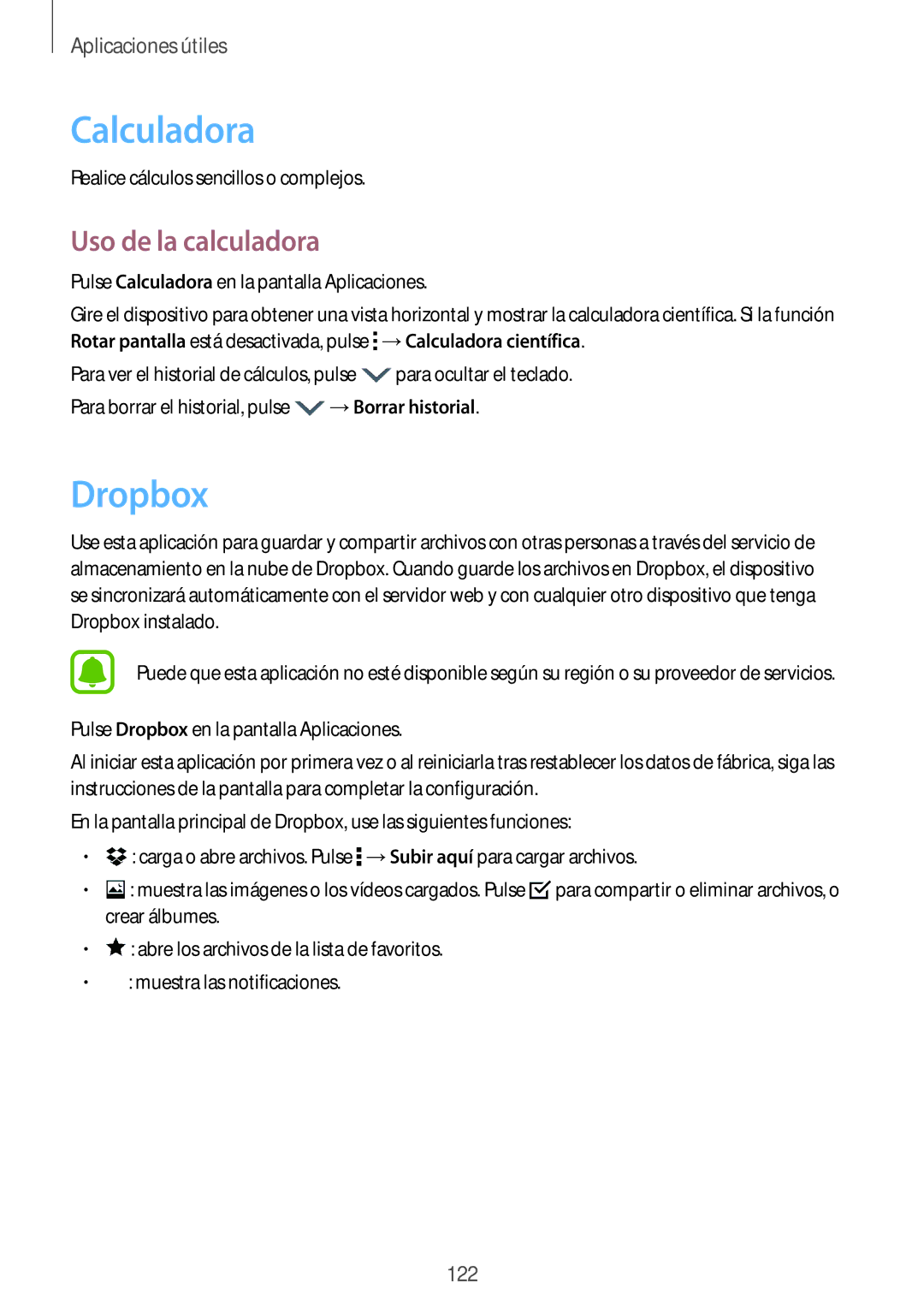 Samsung SM-N910FZIEPHE manual Calculadora, Dropbox, Uso de la calculadora, Realice cálculos sencillos o complejos 