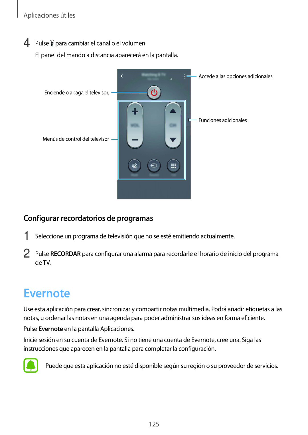 Samsung SM-N910FZIEPHE manual Evernote, Configurar recordatorios de programas, Pulse para cambiar el canal o el volumen 