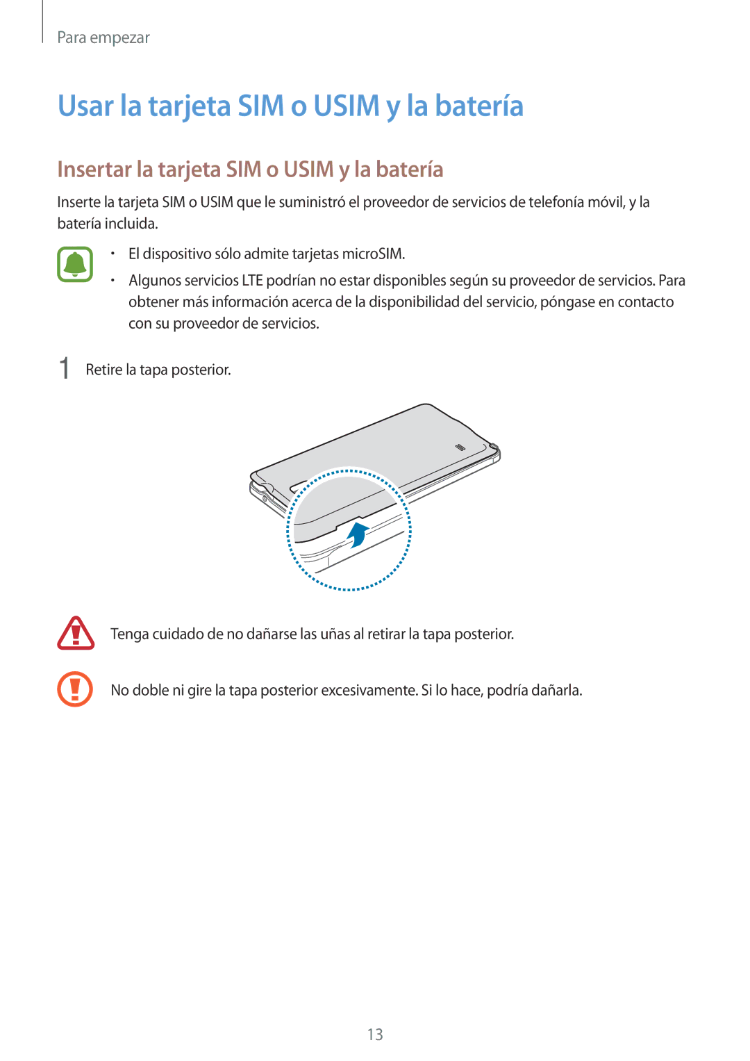 Samsung SM-N910FZIEPHE manual Usar la tarjeta SIM o Usim y la batería, Insertar la tarjeta SIM o Usim y la batería 