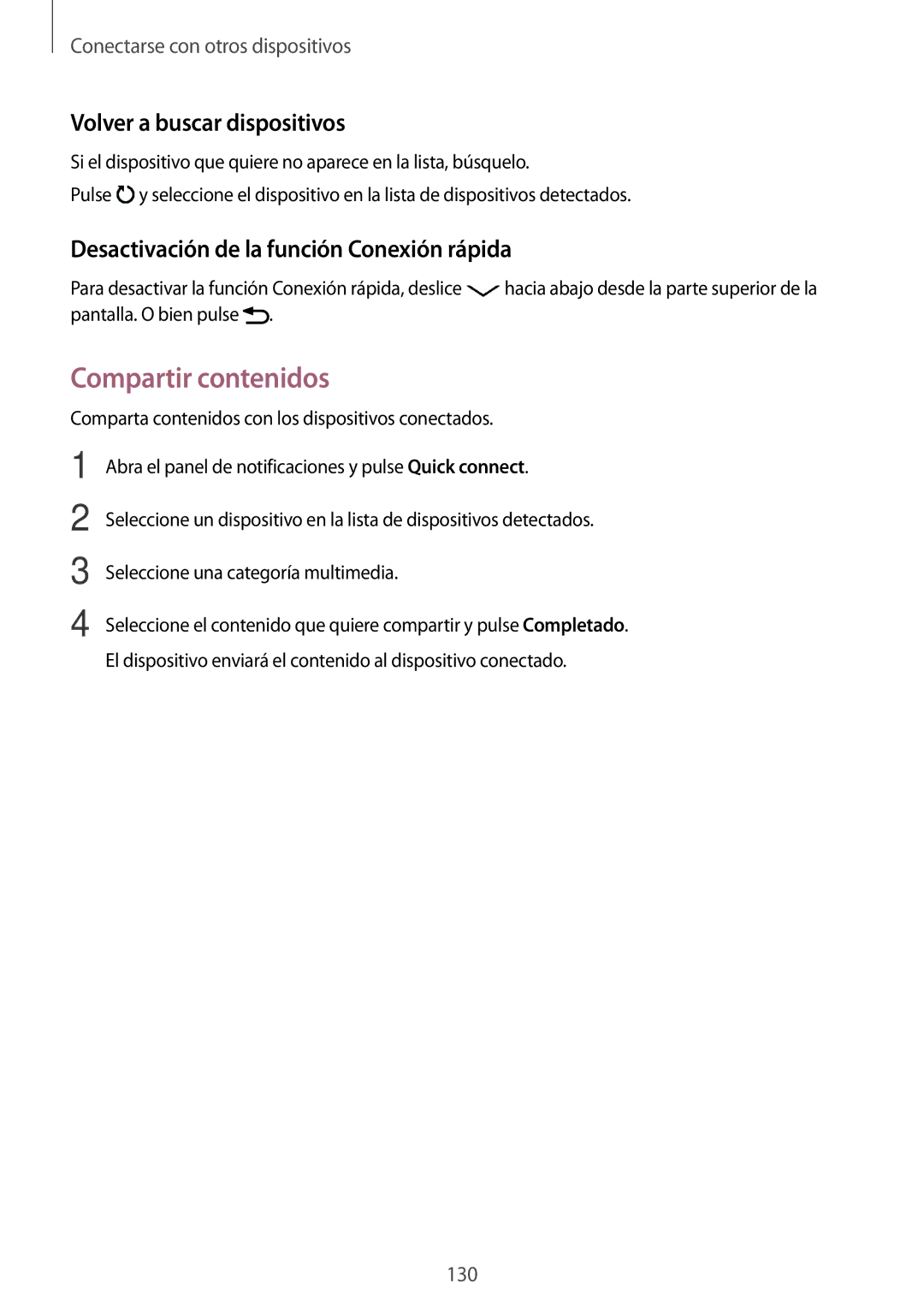 Samsung SM-N910FZIEPHE Compartir contenidos, Volver a buscar dispositivos, Desactivación de la función Conexión rápida 