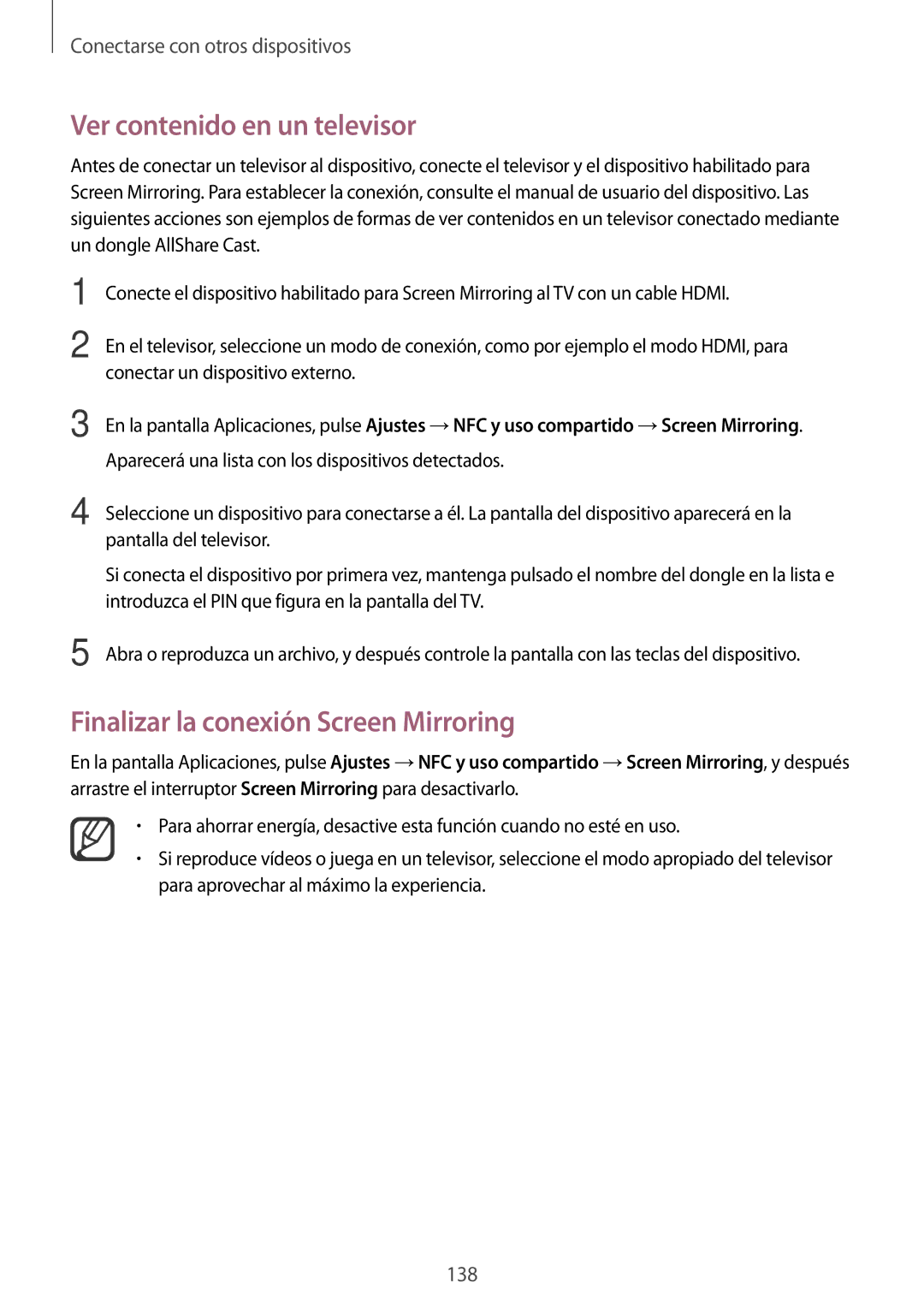 Samsung SM-N910FZIEPHE manual Ver contenido en un televisor, Finalizar la conexión Screen Mirroring 