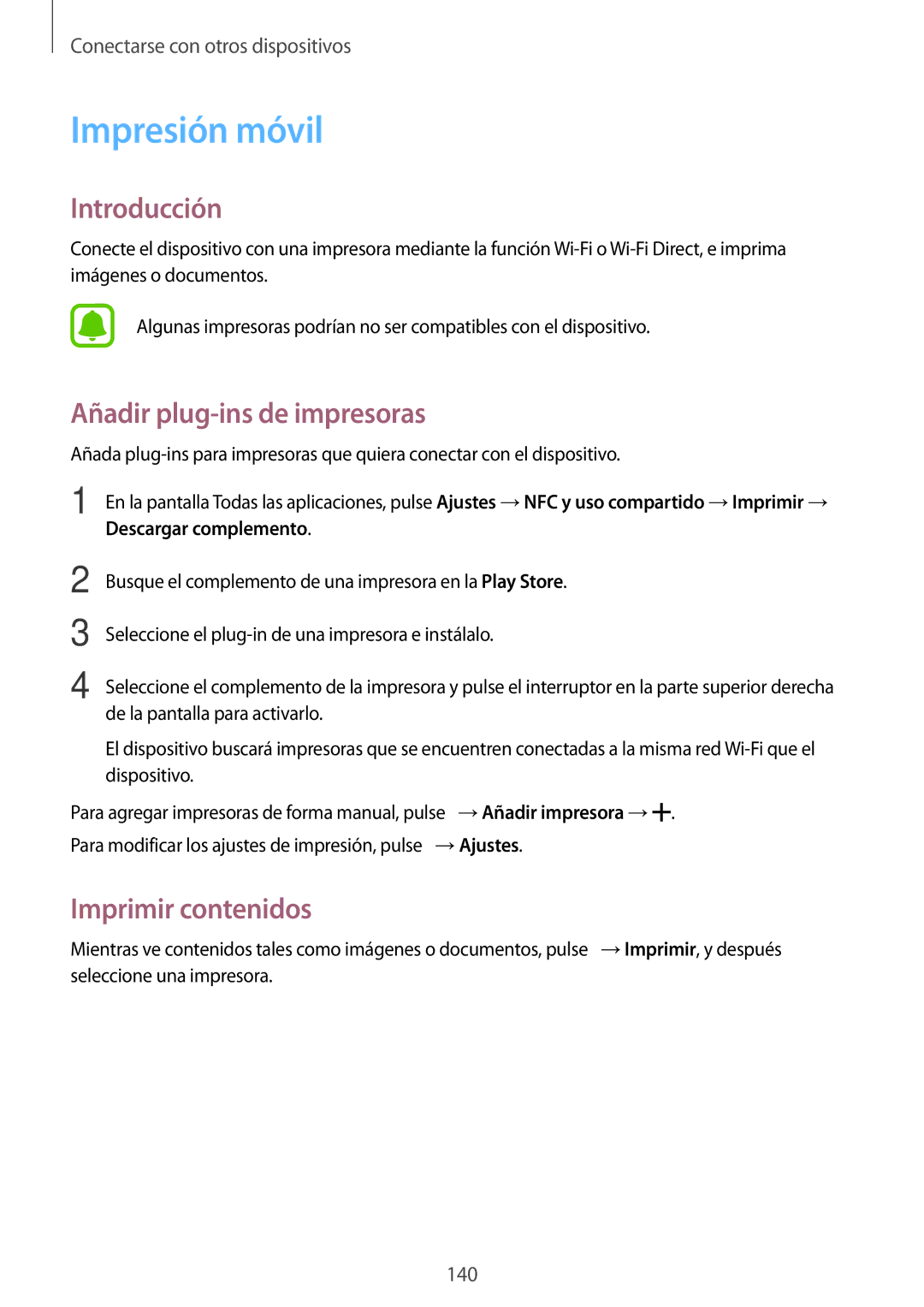 Samsung SM-N910FZIEPHE manual Impresión móvil, Añadir plug-ins de impresoras, Imprimir contenidos 