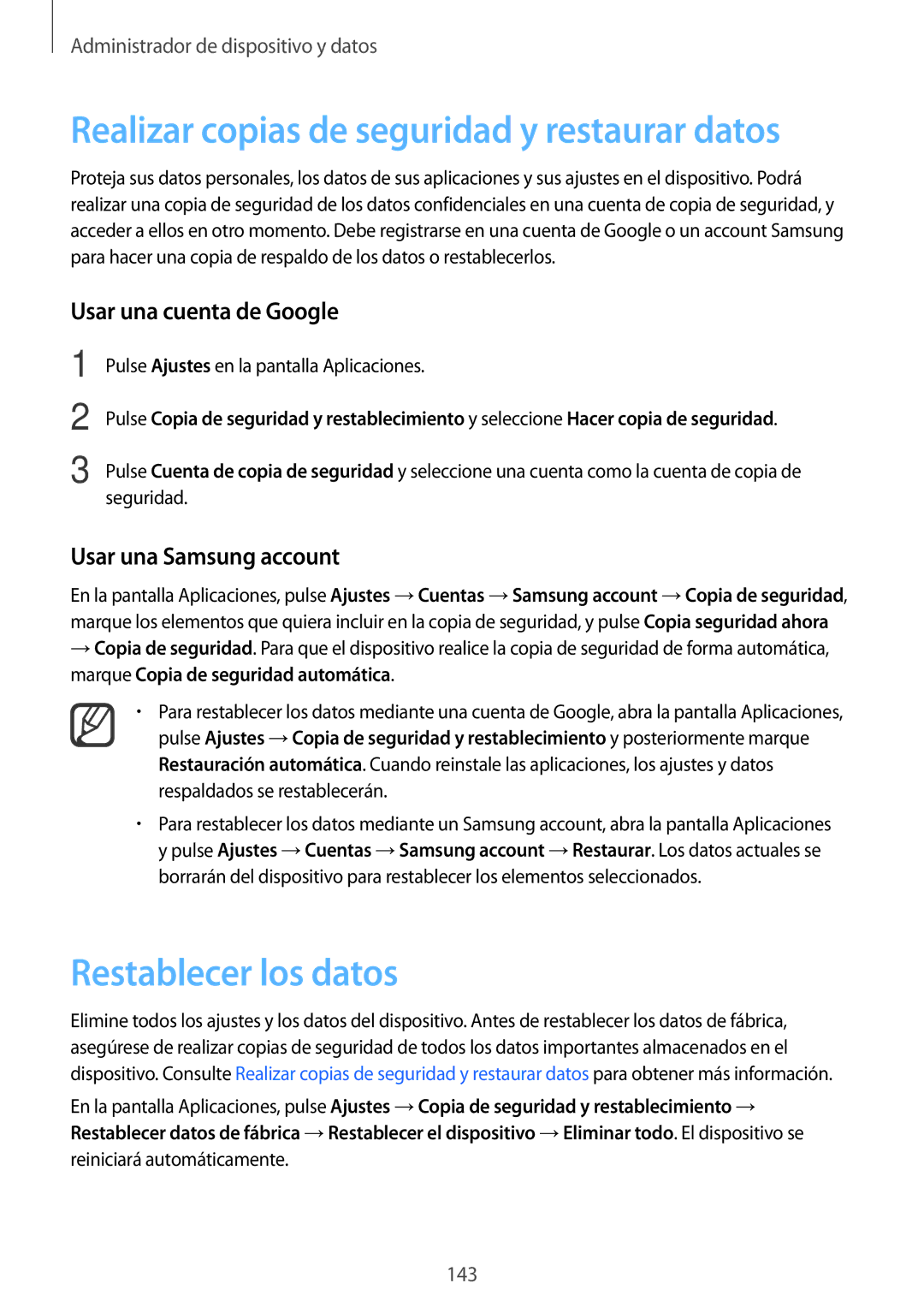 Samsung SM-N910FZIEPHE Realizar copias de seguridad y restaurar datos, Restablecer los datos, Usar una cuenta de Google 