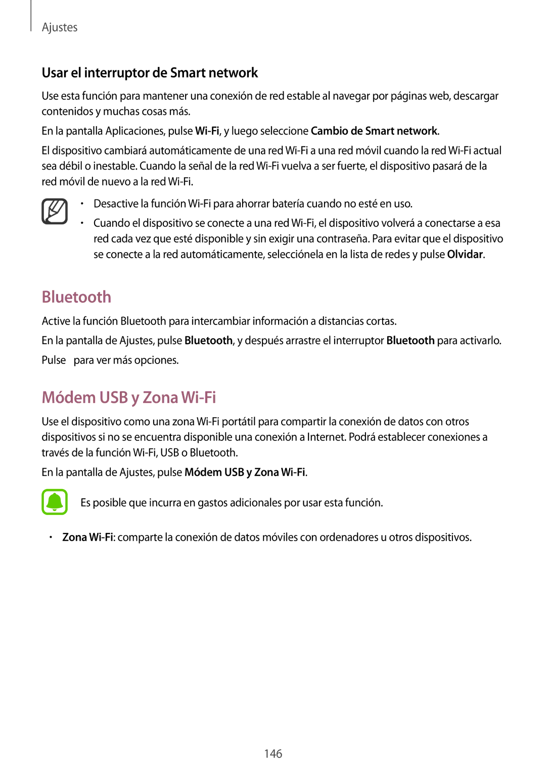 Samsung SM-N910FZIEPHE manual Bluetooth, Módem USB y Zona Wi-Fi, Usar el interruptor de Smart network 