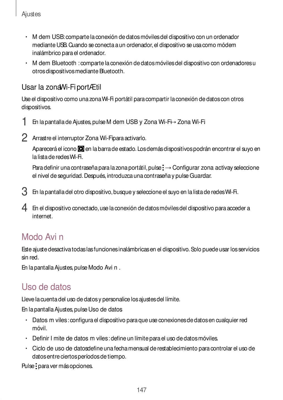 Samsung SM-N910FZIEPHE manual Modo Avión, Uso de datos, Usar la zona Wi-Fi portátil 