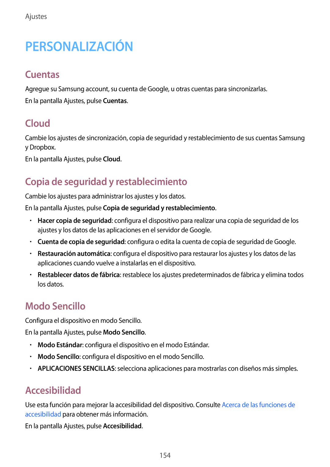 Samsung SM-N910FZIEPHE manual Cuentas, Cloud, Copia de seguridad y restablecimiento, Modo Sencillo, Accesibilidad 