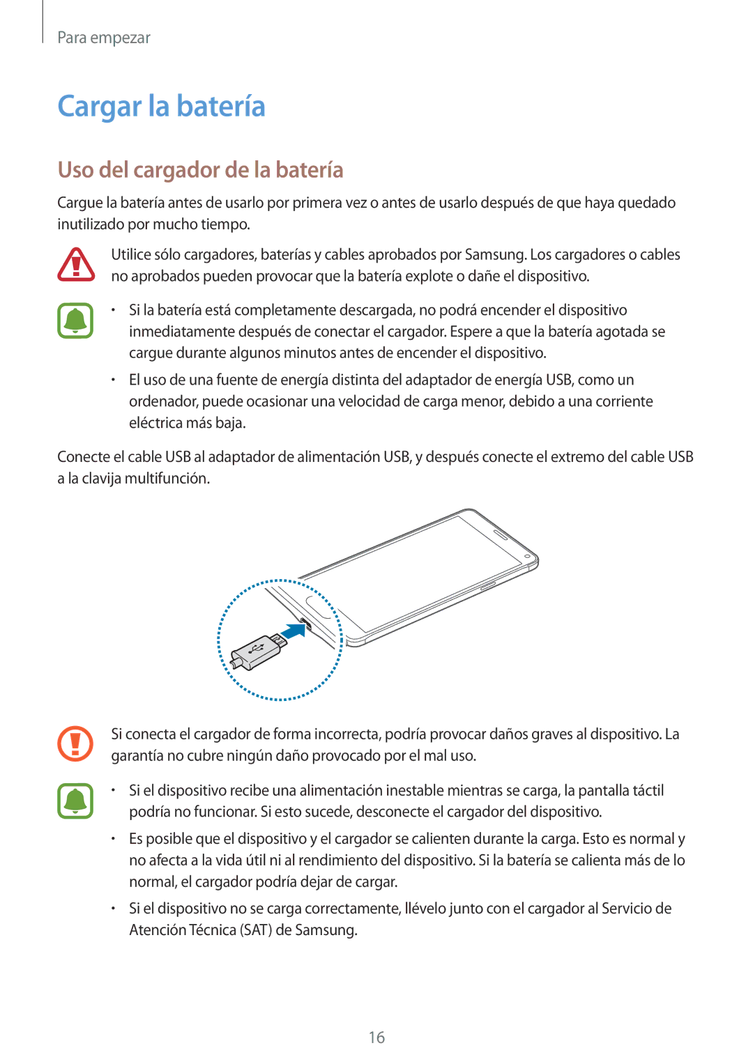 Samsung SM-N910FZIEPHE manual Cargar la batería, Uso del cargador de la batería 