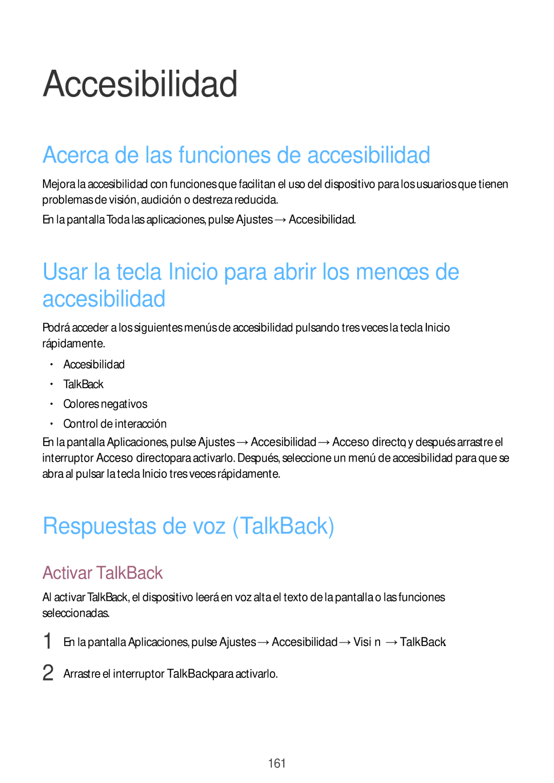 Samsung SM-N910FZIEPHE manual Accesibilidad, Acerca de las funciones de accesibilidad, Respuestas de voz TalkBack 