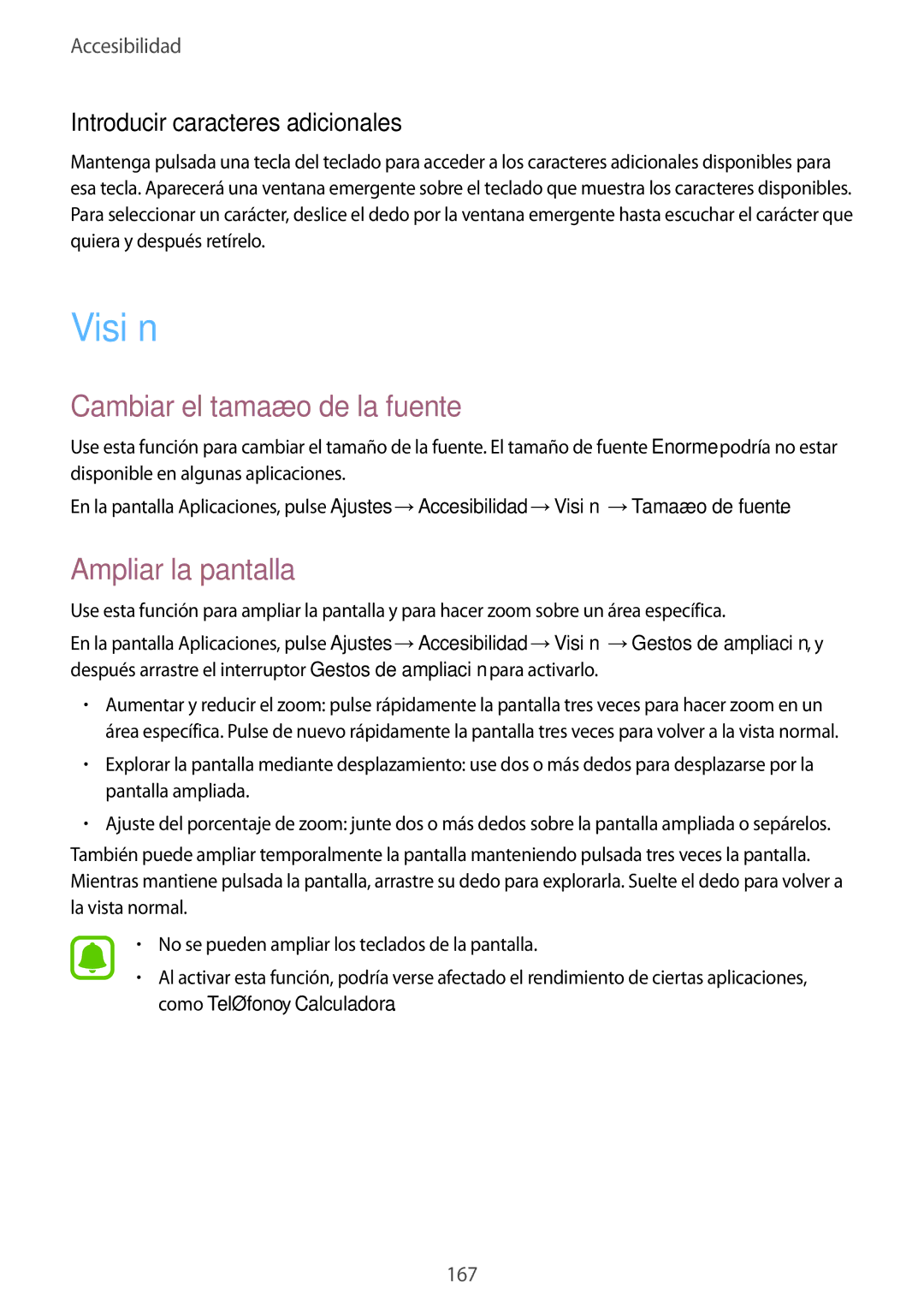 Samsung SM-N910FZIEPHE Visión, Cambiar el tamaño de la fuente, Ampliar la pantalla, Introducir caracteres adicionales 
