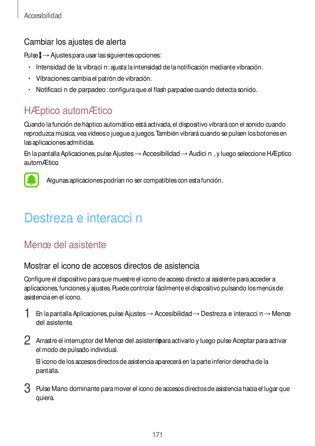 Samsung SM-N910FZIEPHE manual Destreza e interacción, Háptico automático, Menú del asistente, Cambiar los ajustes de alerta 