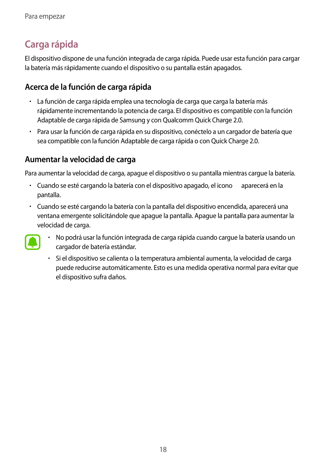 Samsung SM-N910FZIEPHE manual Carga rápida, Acerca de la función de carga rápida, Aumentar la velocidad de carga 