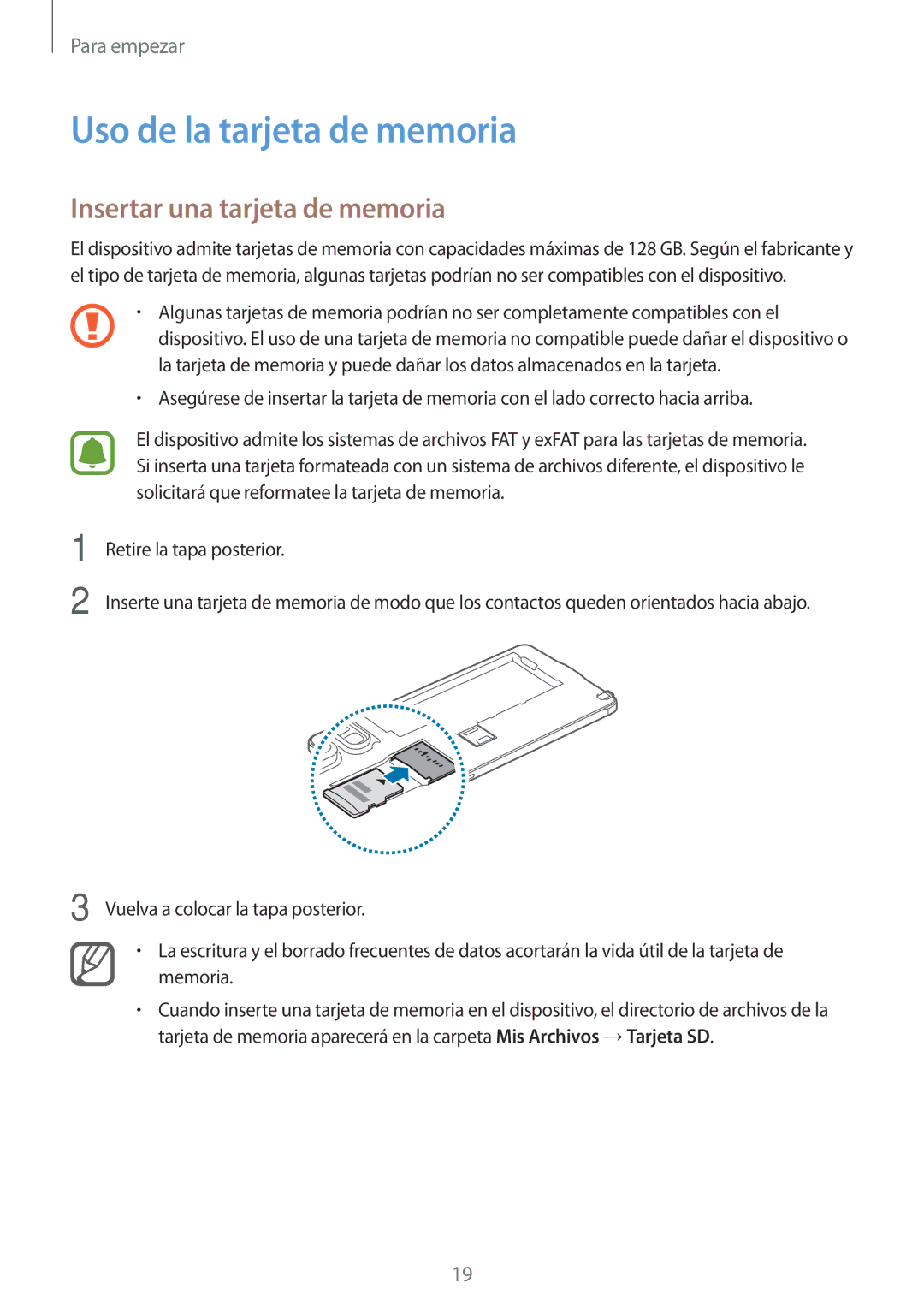 Samsung SM-N910FZIEPHE manual Uso de la tarjeta de memoria, Insertar una tarjeta de memoria 