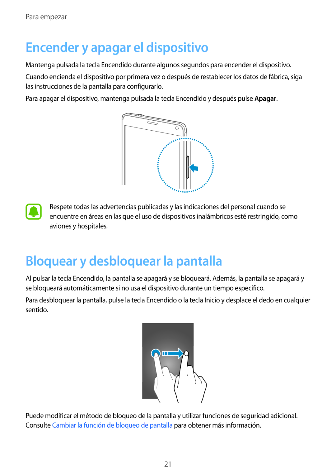 Samsung SM-N910FZIEPHE manual Encender y apagar el dispositivo, Bloquear y desbloquear la pantalla 