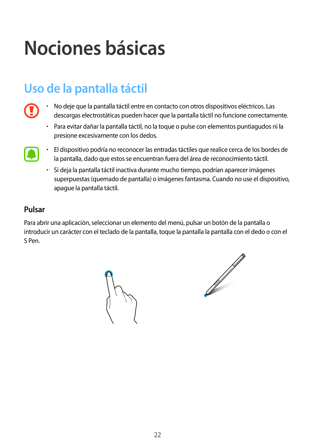 Samsung SM-N910FZIEPHE manual Nociones básicas, Uso de la pantalla táctil, Pulsar 