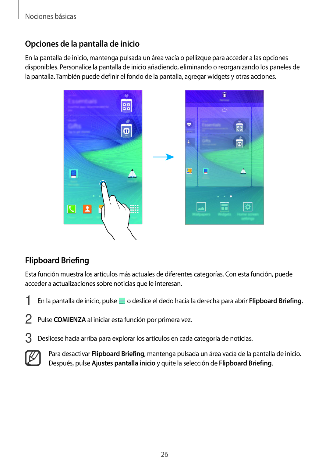 Samsung SM-N910FZIEPHE manual Opciones de la pantalla de inicio, Flipboard Briefing 