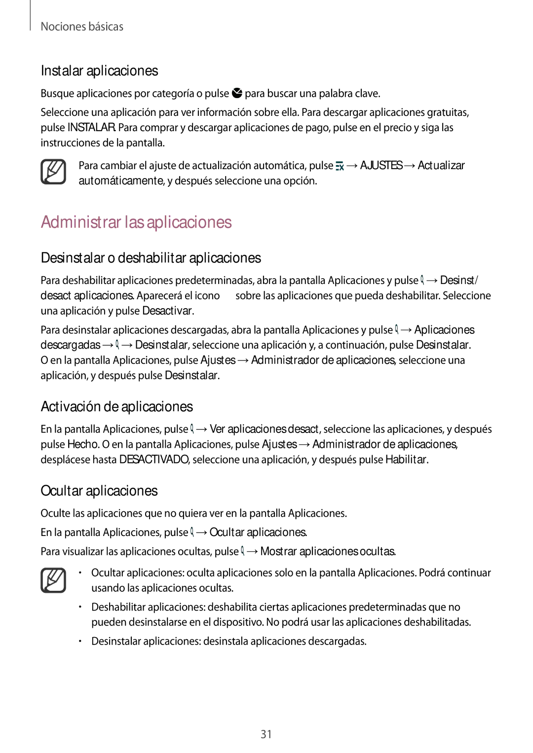 Samsung SM-N910FZIEPHE Administrar las aplicaciones, Desinstalar o deshabilitar aplicaciones, Activación de aplicaciones 