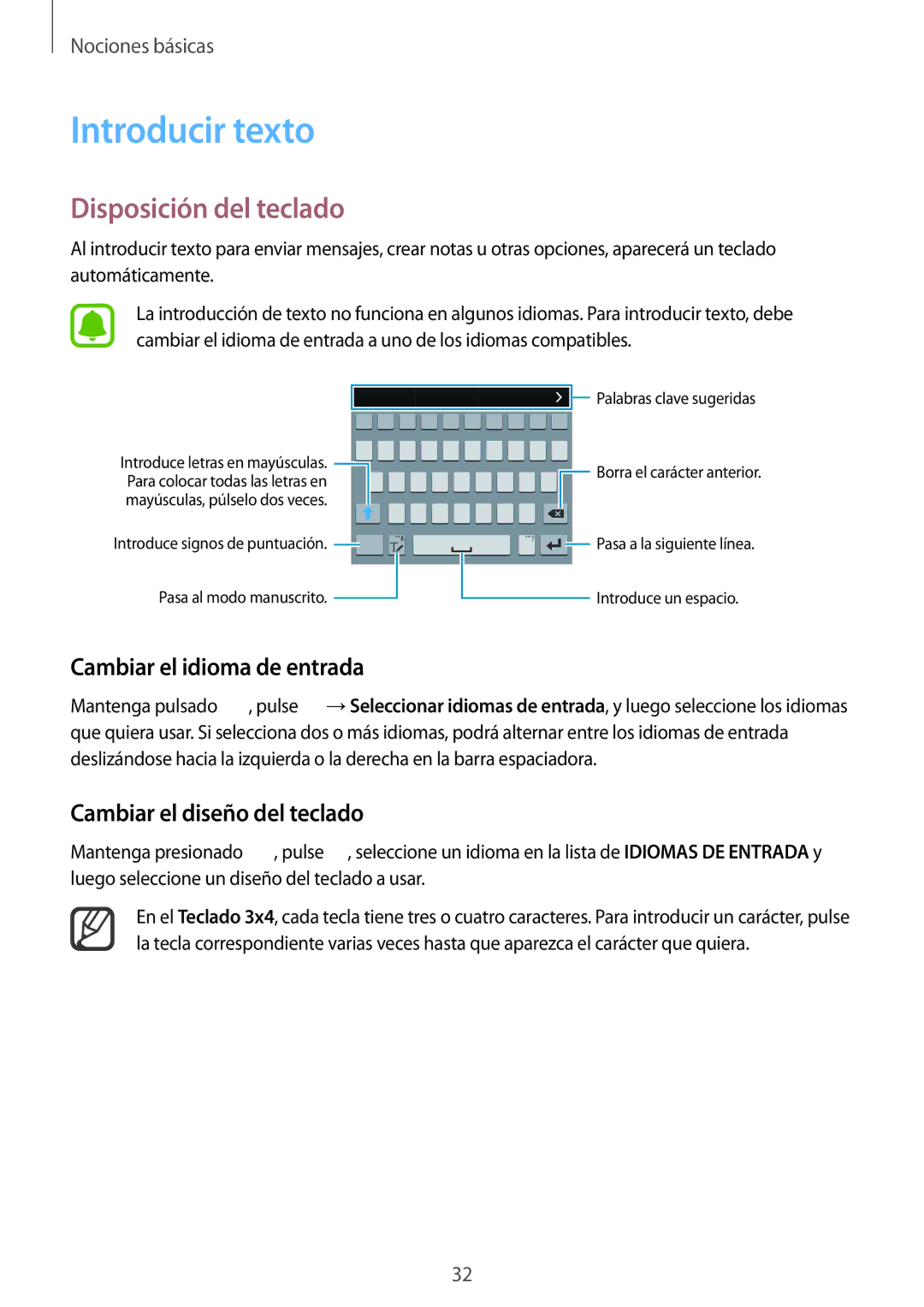 Samsung SM-N910FZIEPHE manual Introducir texto, Disposición del teclado, Cambiar el idioma de entrada 