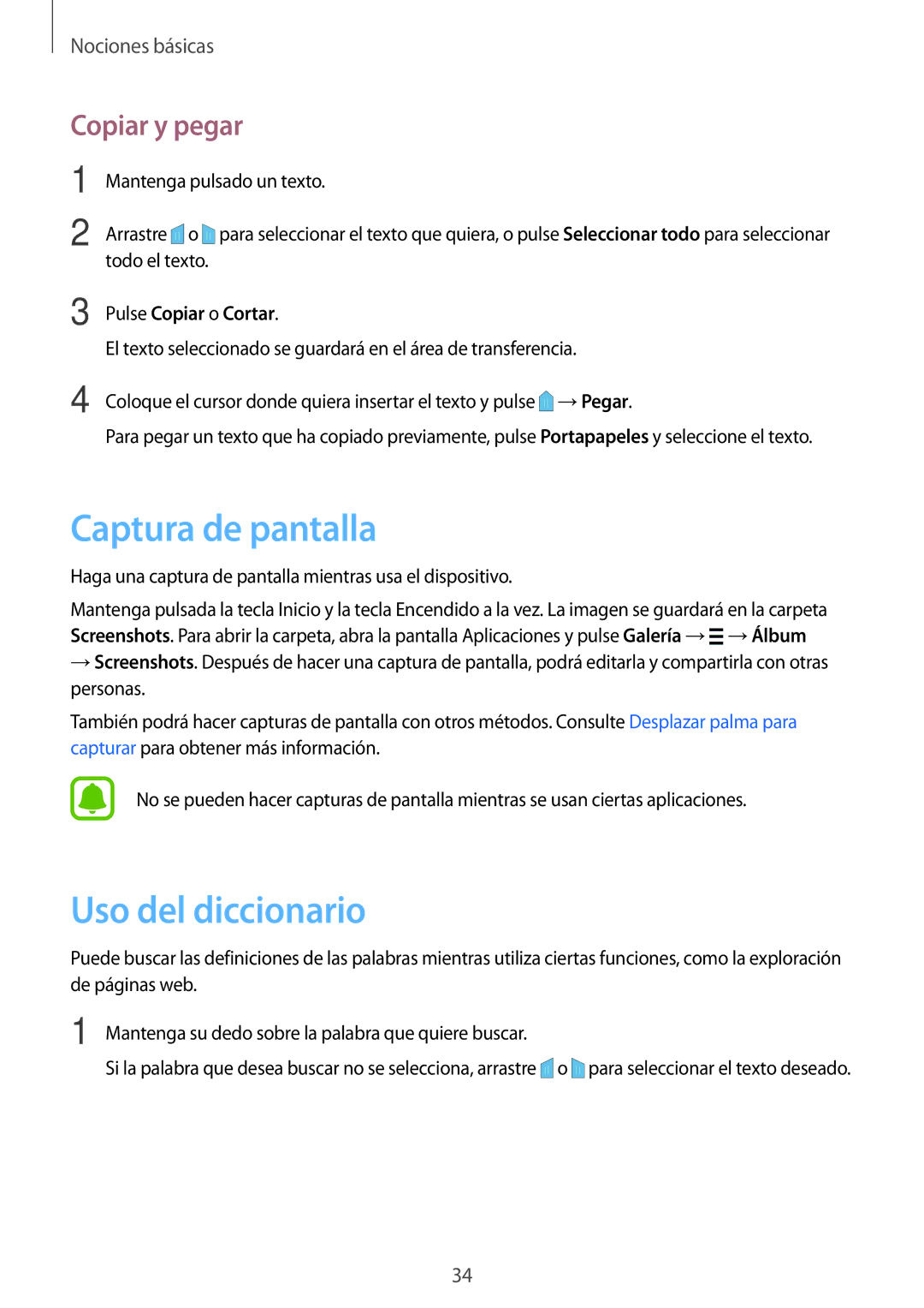 Samsung SM-N910FZIEPHE manual Captura de pantalla, Uso del diccionario, Copiar y pegar, Pulse Copiar o Cortar 