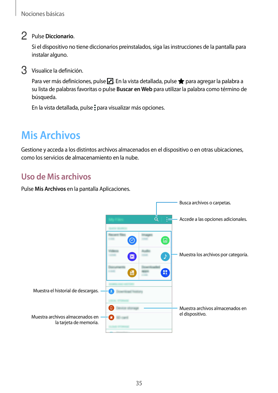 Samsung SM-N910FZIEPHE manual Mis Archivos, Uso de Mis archivos, Pulse Diccionario 