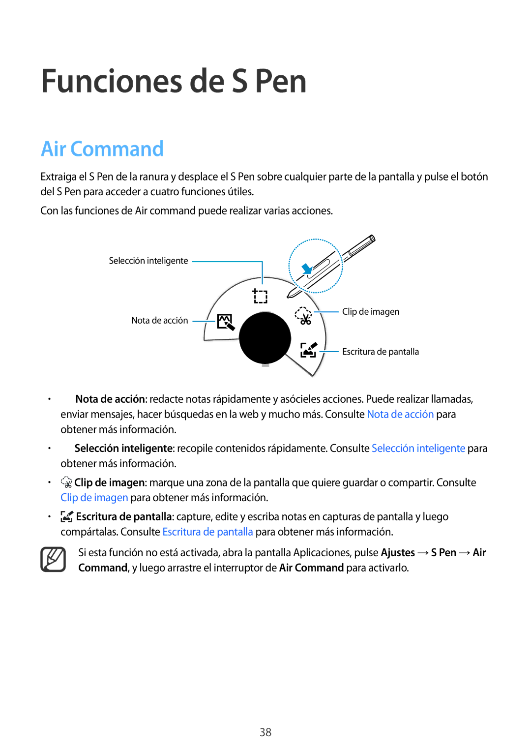 Samsung SM-N910FZIEPHE manual Funciones de S Pen, Air Command 