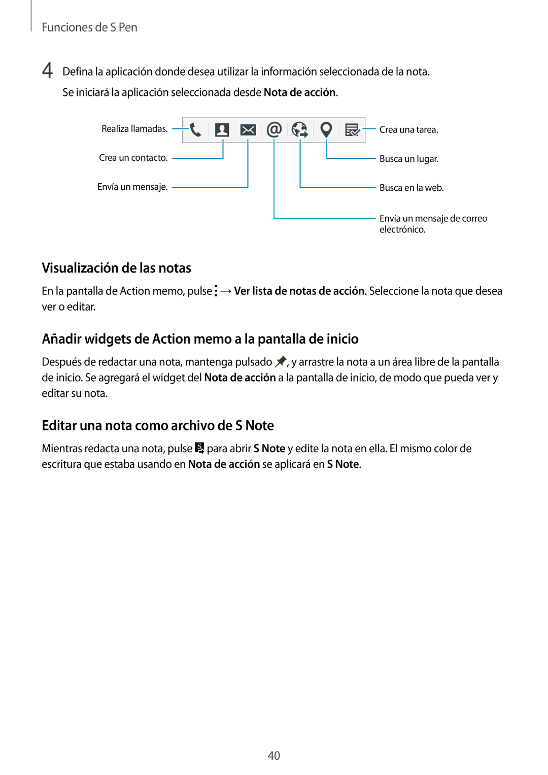 Samsung SM-N910FZIEPHE manual Visualización de las notas, Añadir widgets de Action memo a la pantalla de inicio 