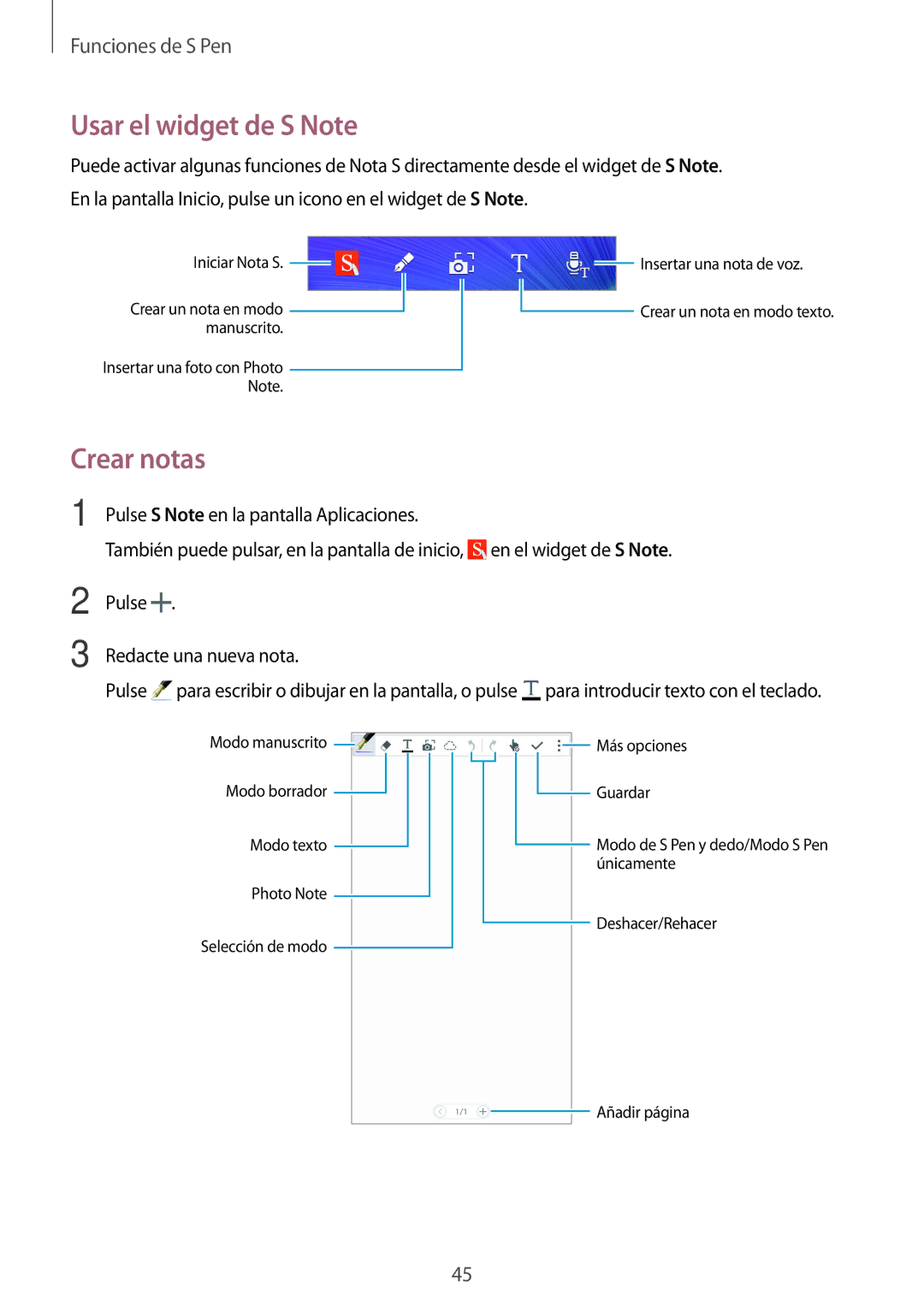 Samsung SM-N910FZIEPHE manual Usar el widget de S Note, Crear notas 