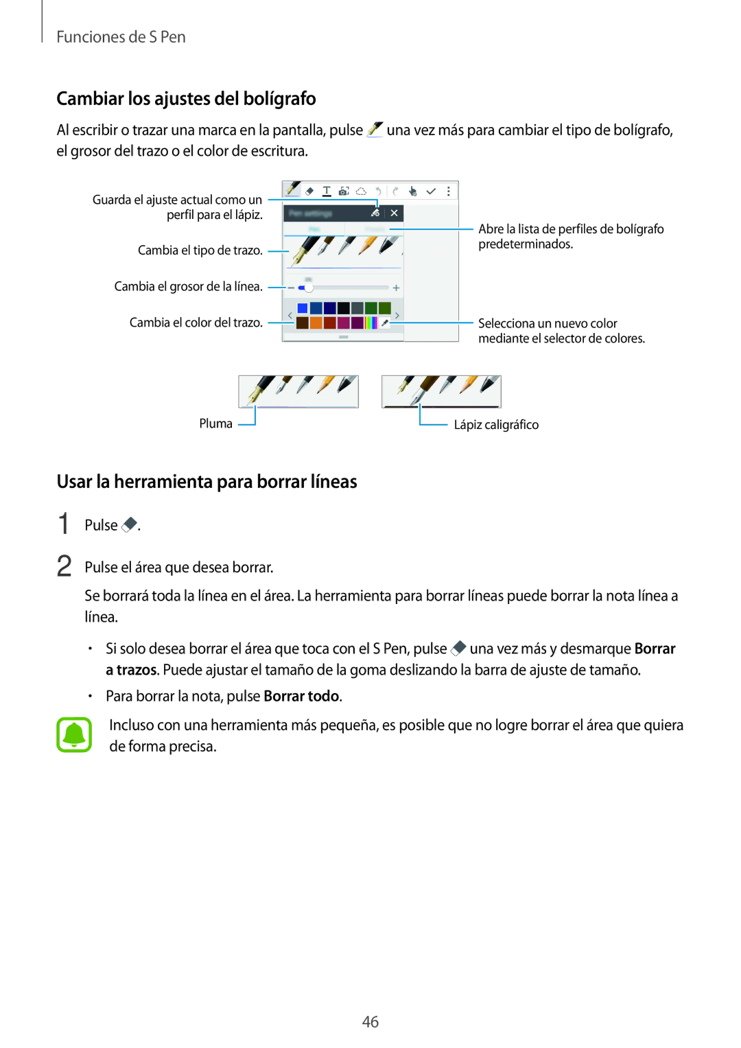 Samsung SM-N910FZIEPHE manual Cambiar los ajustes del bolígrafo, Usar la herramienta para borrar líneas 