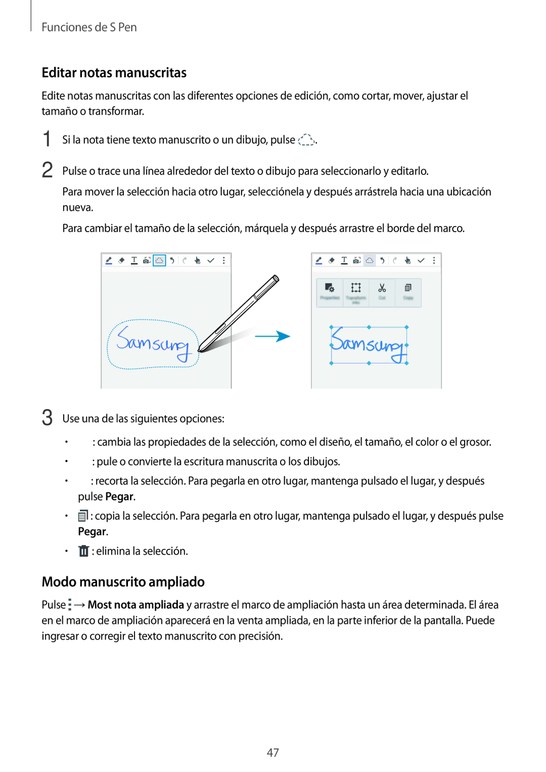 Samsung SM-N910FZIEPHE manual Editar notas manuscritas, Modo manuscrito ampliado 