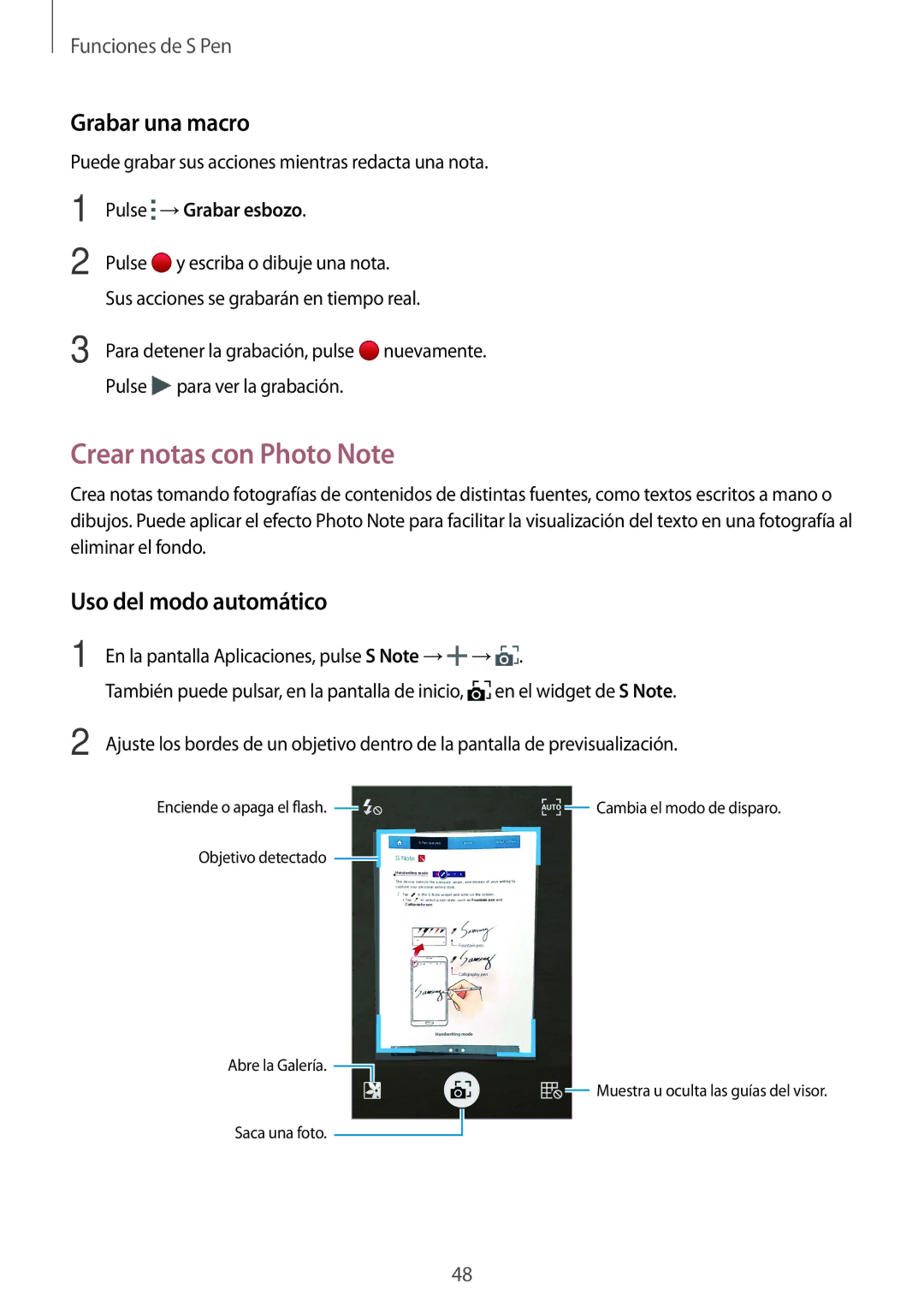 Samsung SM-N910FZIEPHE manual Crear notas con Photo Note, Grabar una macro, Uso del modo automático, Pulse →Grabar esbozo 