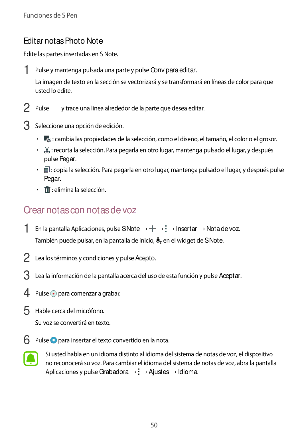 Samsung SM-N910FZIEPHE manual Crear notas con notas de voz, Editar notas Photo Note 