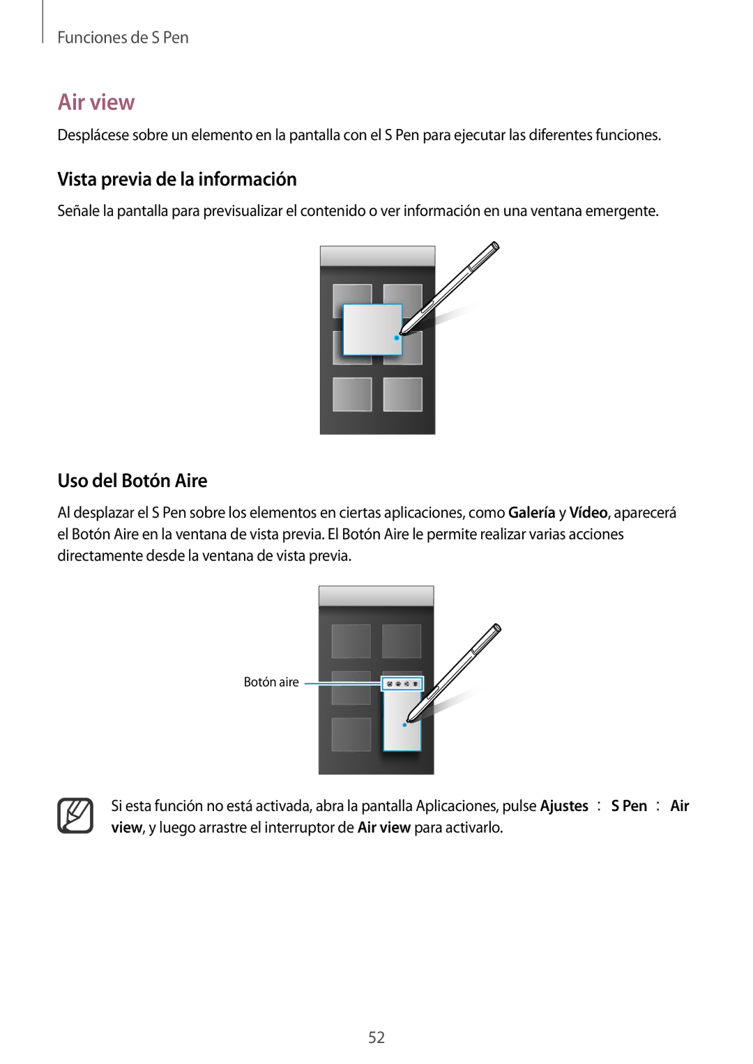 Samsung SM-N910FZIEPHE manual Air view, Vista previa de la información, Uso del Botón Aire 